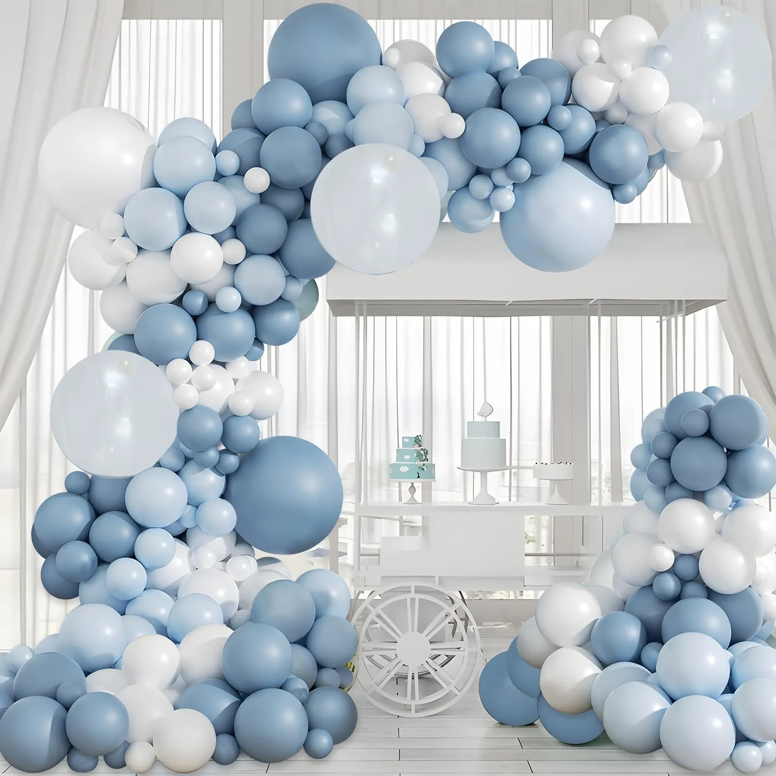 Balloon Garland Kit Arco di Palloncini Blu Polveroso, Azzurri, Bianchi e Trasparenti, 108 Pezzi - immagine 9