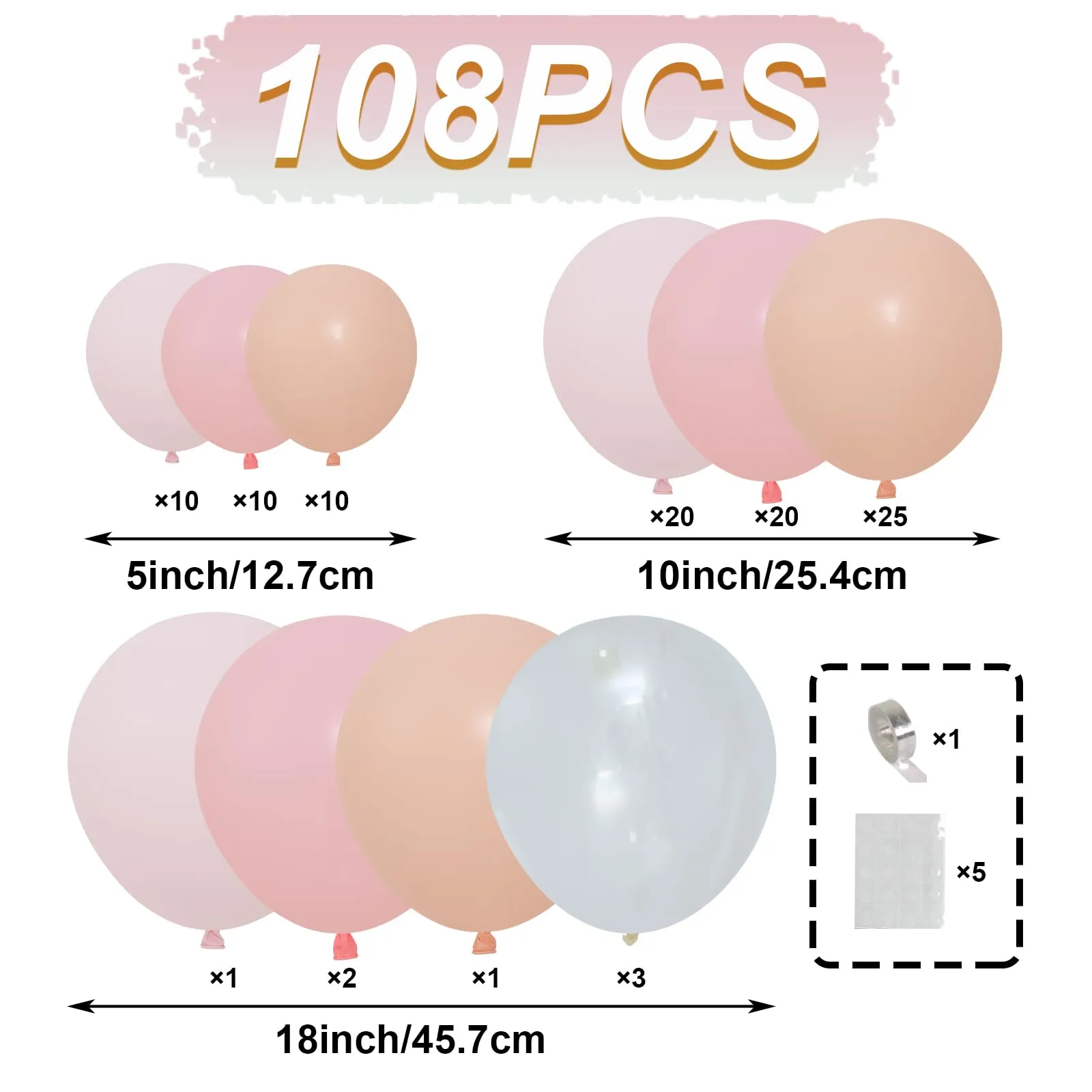 Balloon Garland Kit Arco Palloncini Rosa, 108 Pezzi, Ghirlanda Palloncini Rosa Macaron e Trasparenti - immagine 3