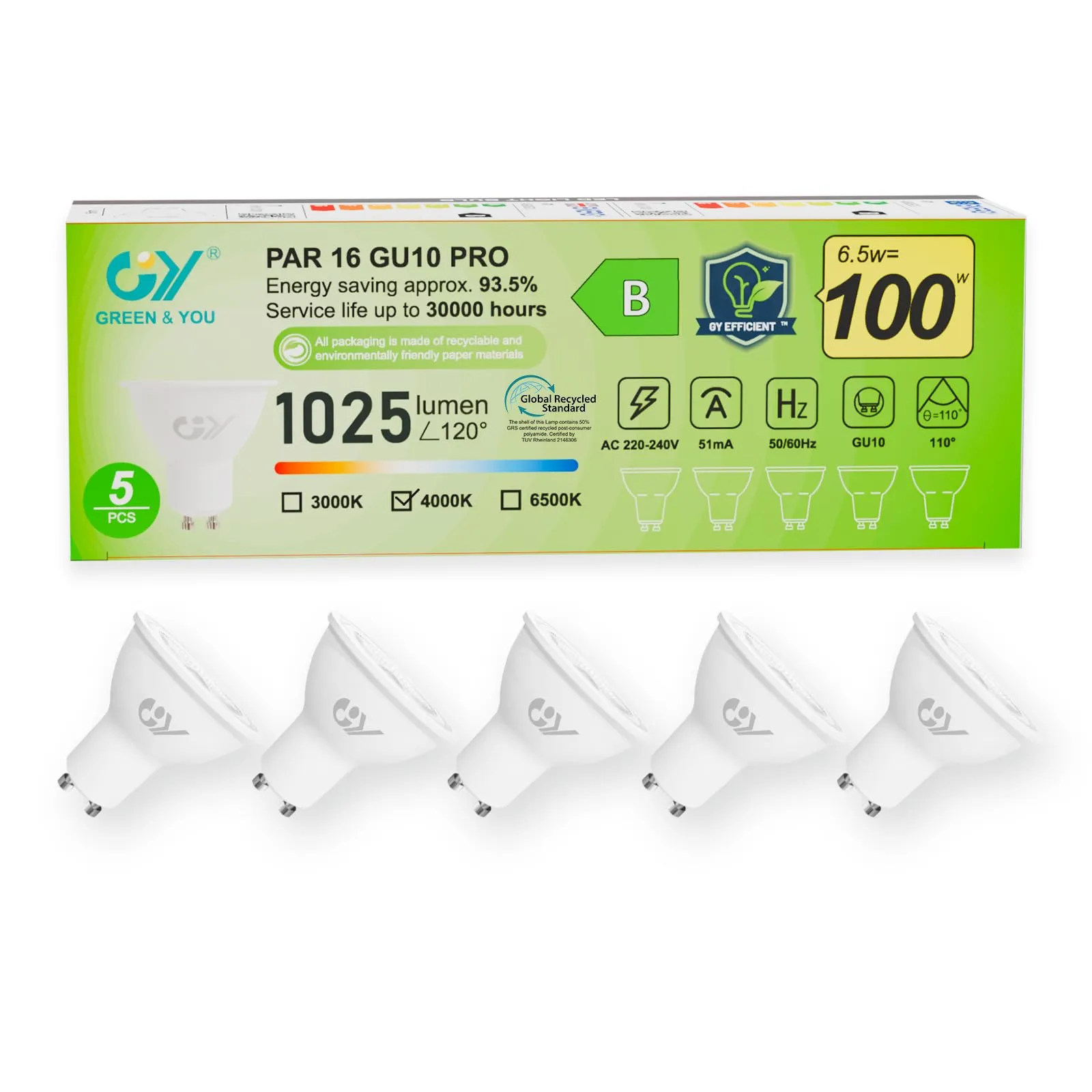 GY Lampadine LED GU10, 6.5W, 1025 Lumen, 4000K Bianco Neutro, Non Dimmerabile, 5 pezzi - immagine 1
