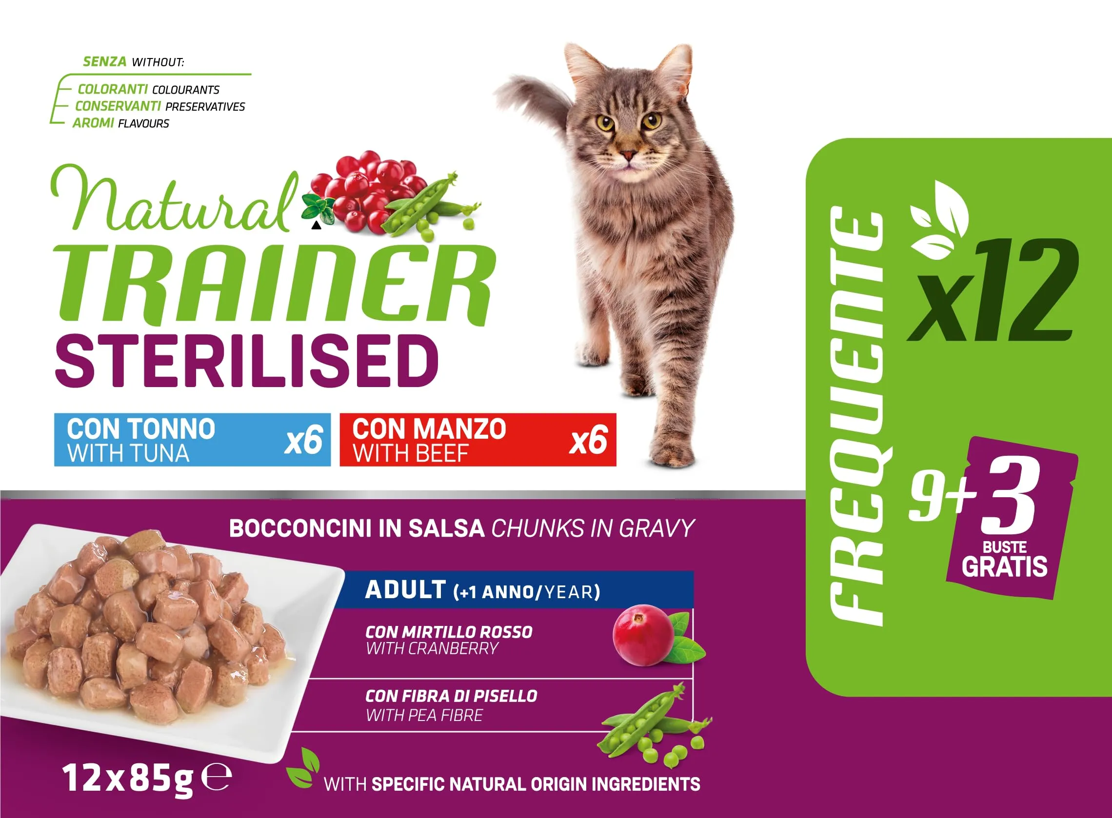 Trainer Natural Cibo Umido per Gatti Adulti Sterilizzati, Tonno e Manzo, 12 x 85 g - immagine 2