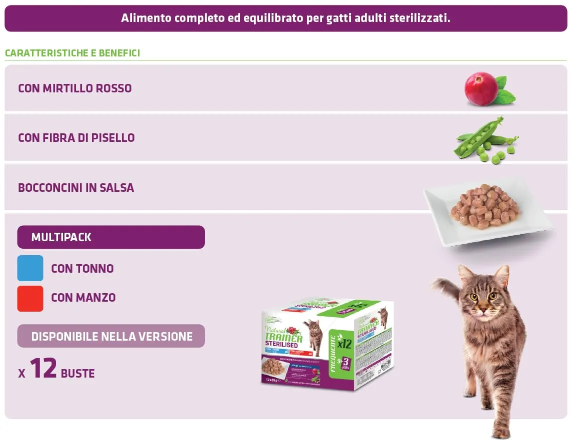 Trainer Natural Cibo Umido per Gatti Adulti Sterilizzati, Tonno e Manzo, 12 x 85 g - immagine 3
