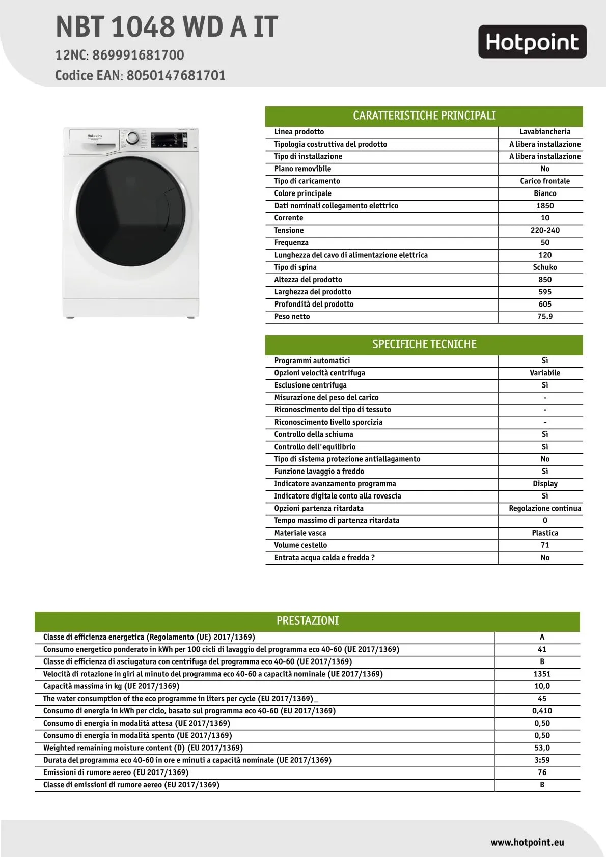 Hotpoint Ariston NBT 1048 WD A IT Lavatrice 10 kg - immagine 7