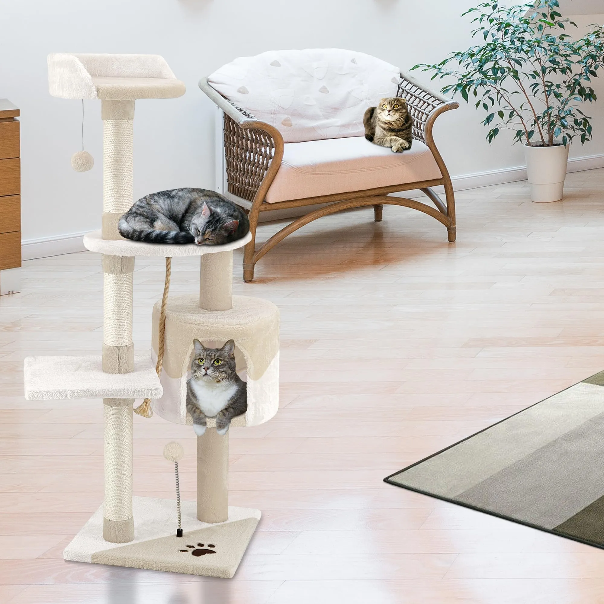Beltom Tiragraffi per Gatti 112 cm, Parco Giochi con Sisal e Cuccia - Beige-Bianco - immagine 2