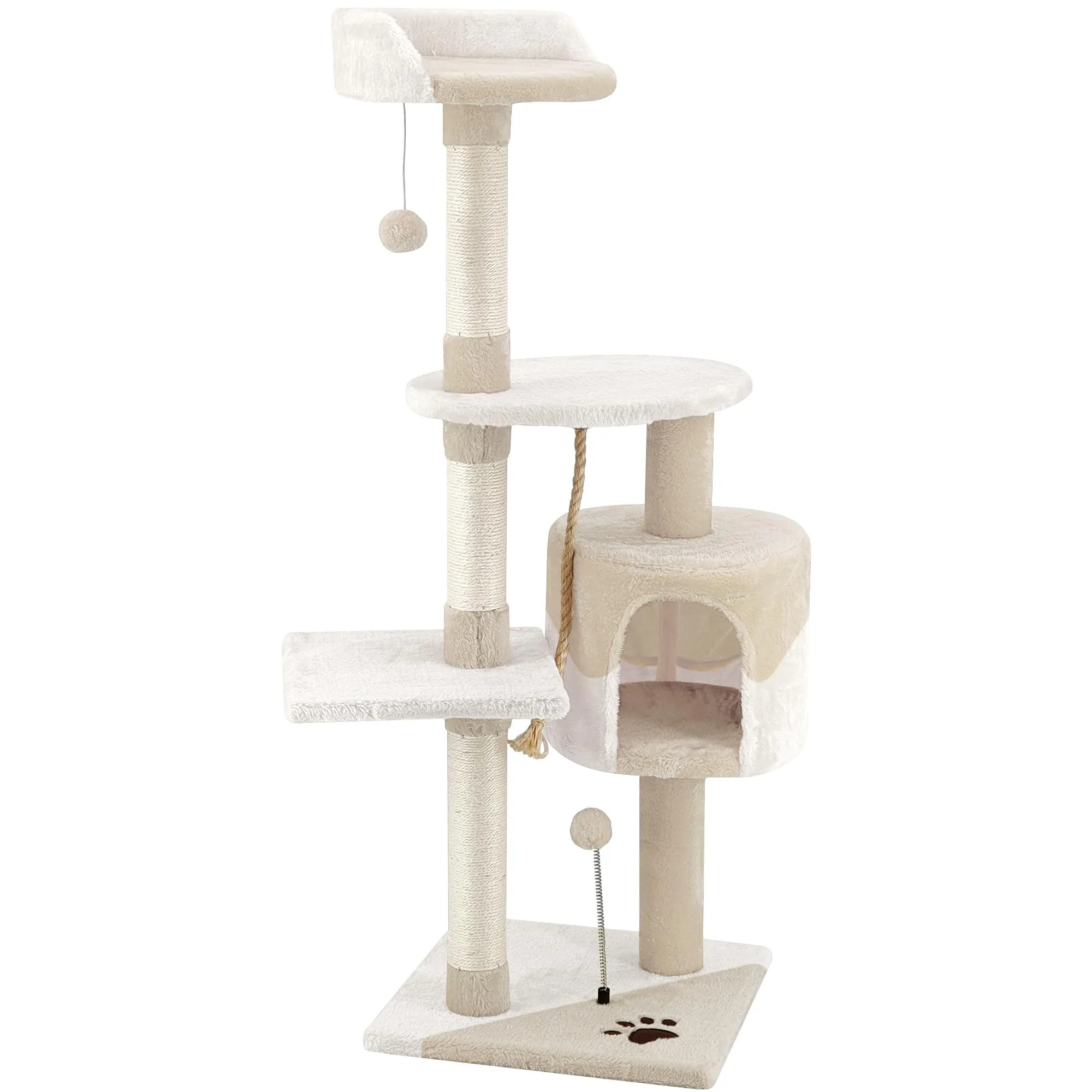 Beltom Tiragraffi per Gatti 112 cm, Parco Giochi con Sisal e Cuccia - Beige-Bianco - immagine 7