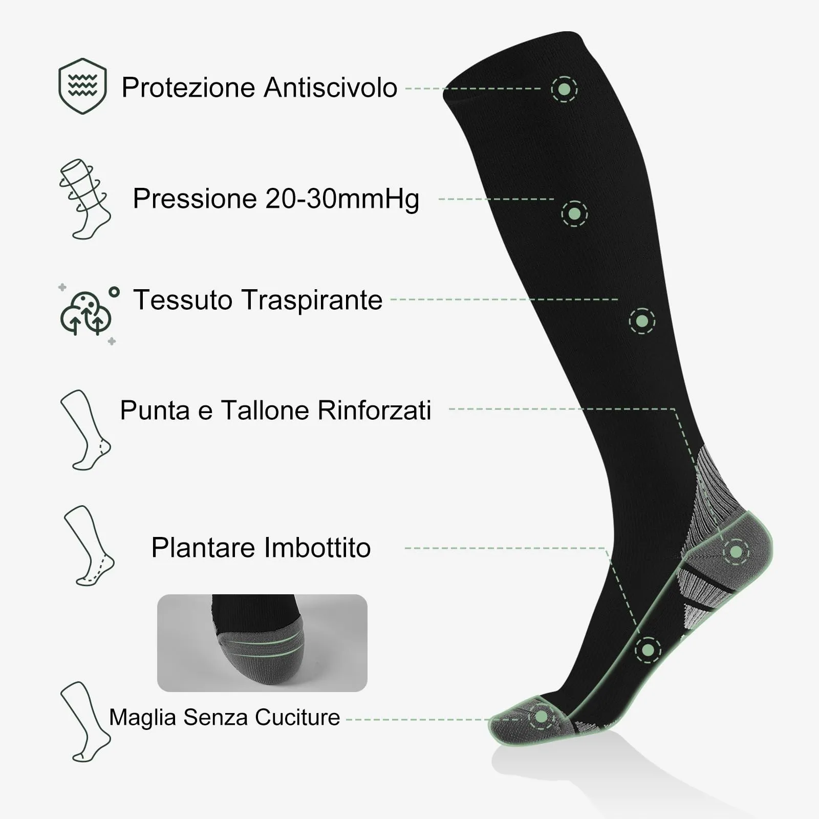 Effeet Calze Compressione Graduata Donna Uomo, 2 Paia, 20-30 mmHg, Sport, Grigio, 39-42 - immagine 3