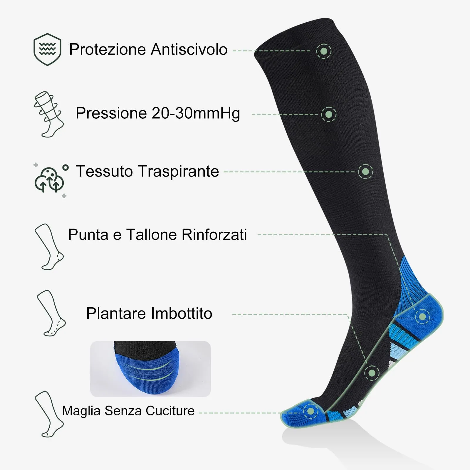 Effeet Calze a Compressione Graduata Donna Uomo, 2 Paia, 20-30 mmHg, Sport, Blu, 43-46 - immagine 3
