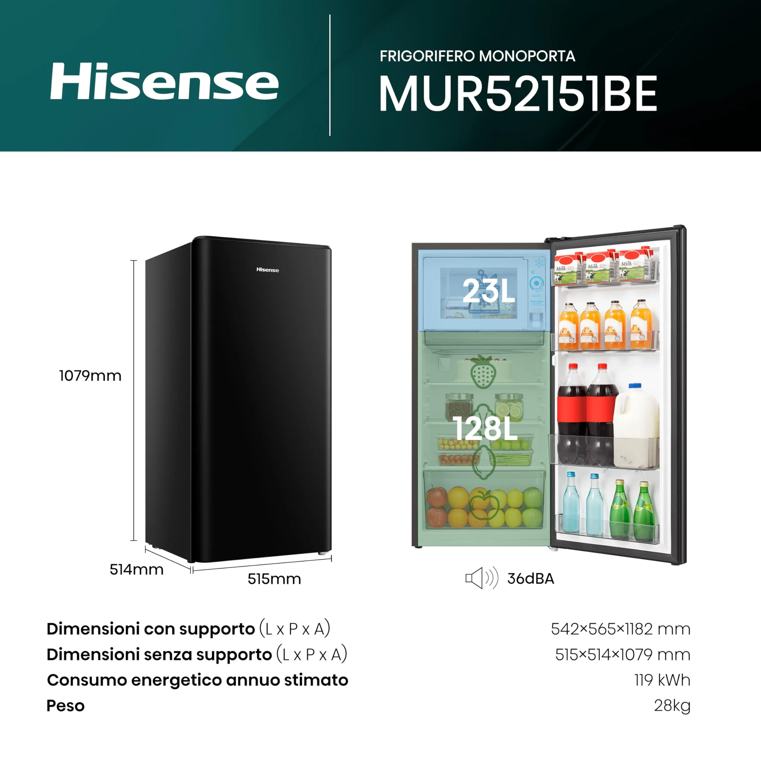 Hisense MUR52151BE Frigorifero Monoporta, 150 Litri, Nero - immagine 2