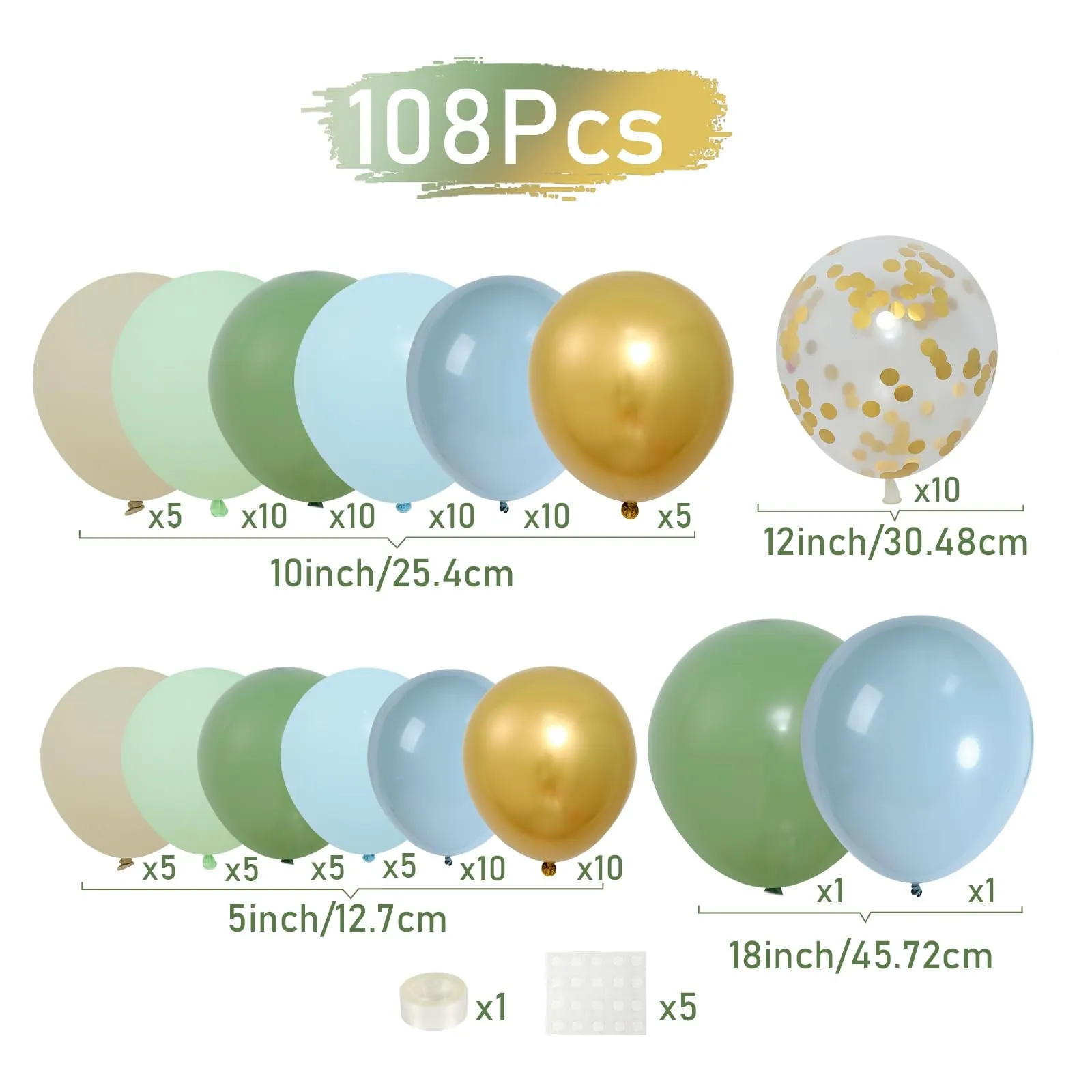 Balloon Garland Kit Arco Palloncini Verde Blu, 104 pezzi, Blu Ardesia, Verde, Sabbia Bianca e Oro Metallico - immagine 2