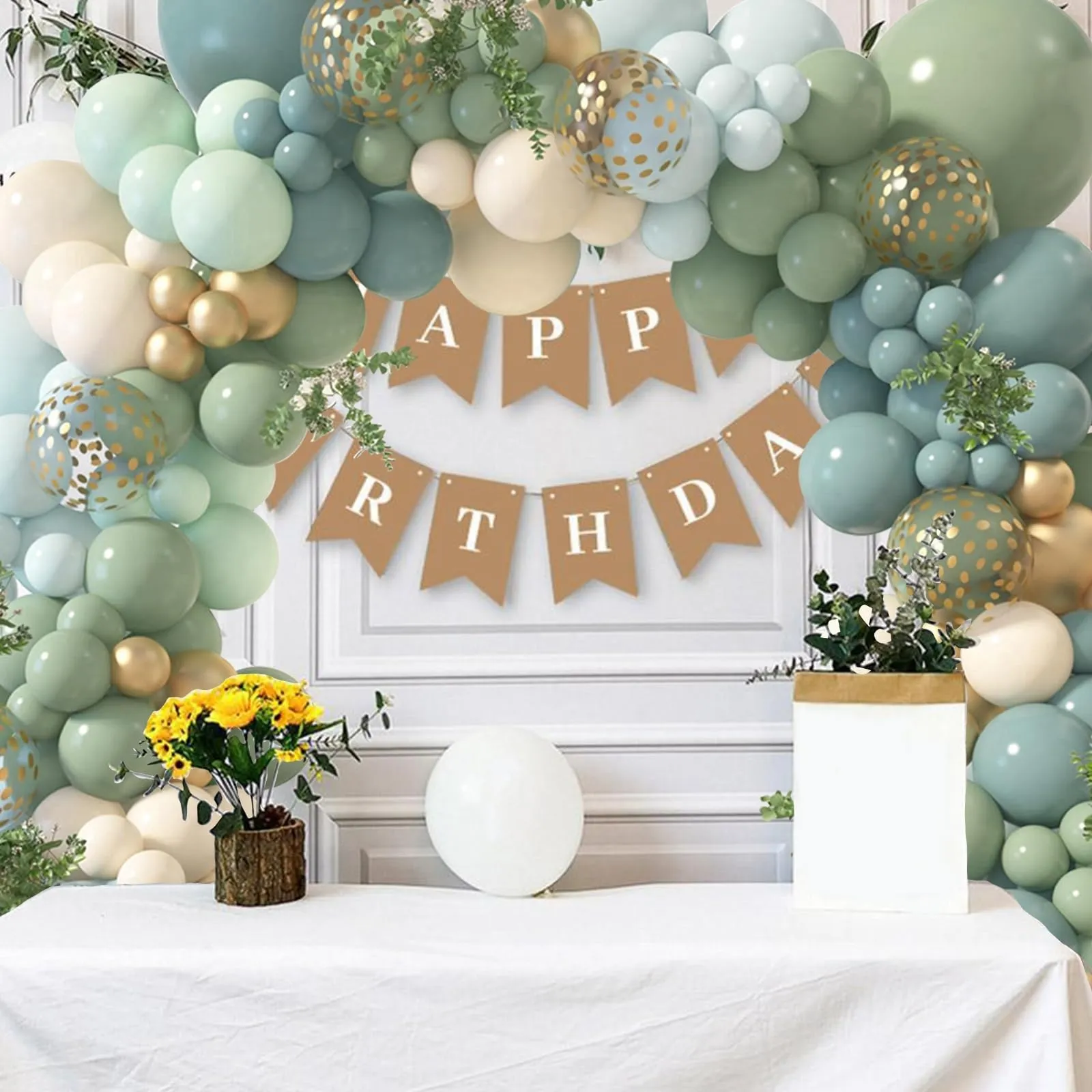 Balloon Garland Kit Arco Palloncini Verde Blu, 104 pezzi, Blu Ardesia, Verde, Sabbia Bianca e Oro Metallico - immagine 3