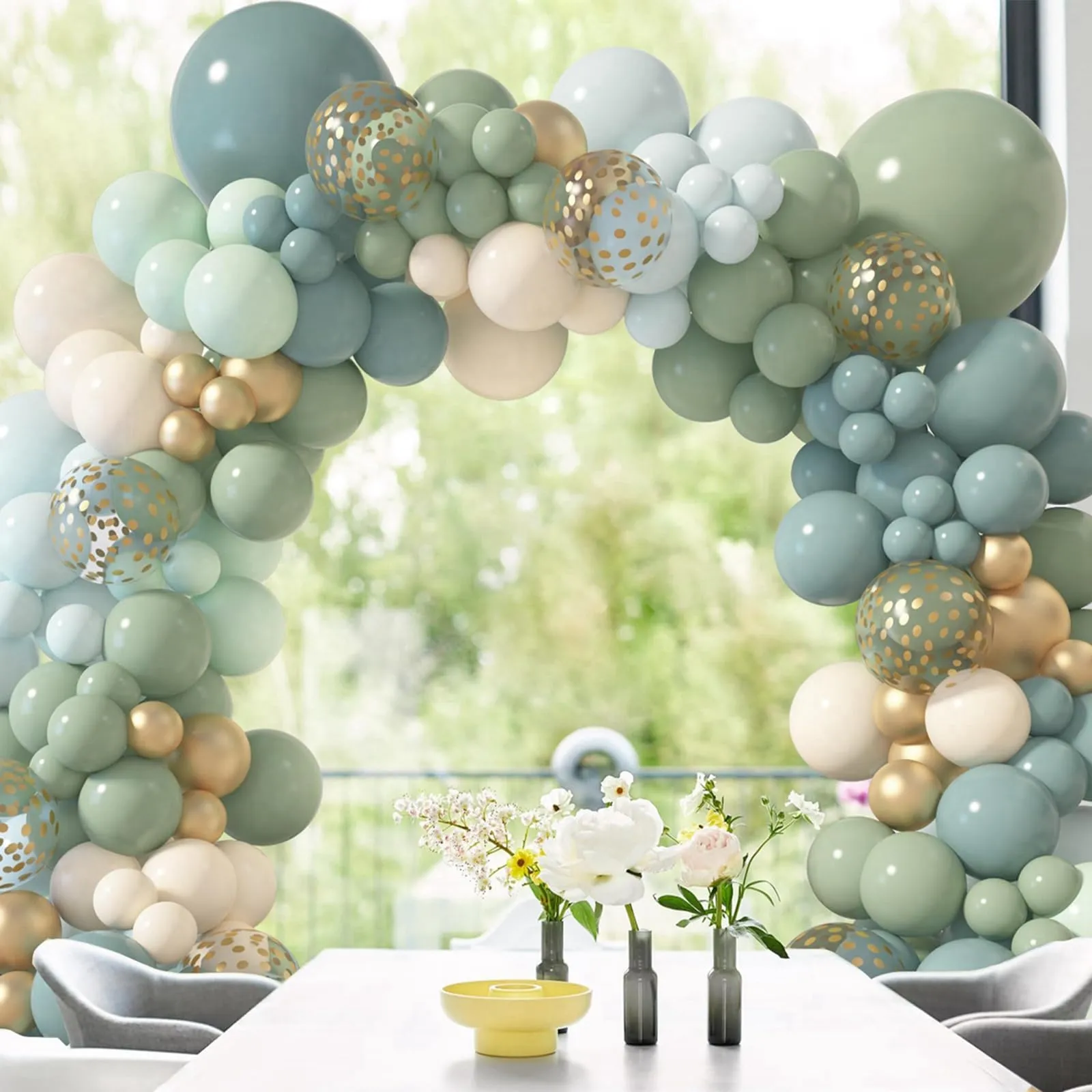 Balloon Garland Kit Arco Palloncini Verde Blu, 104 pezzi, Blu Ardesia, Verde, Sabbia Bianca e Oro Metallico - immagine 7