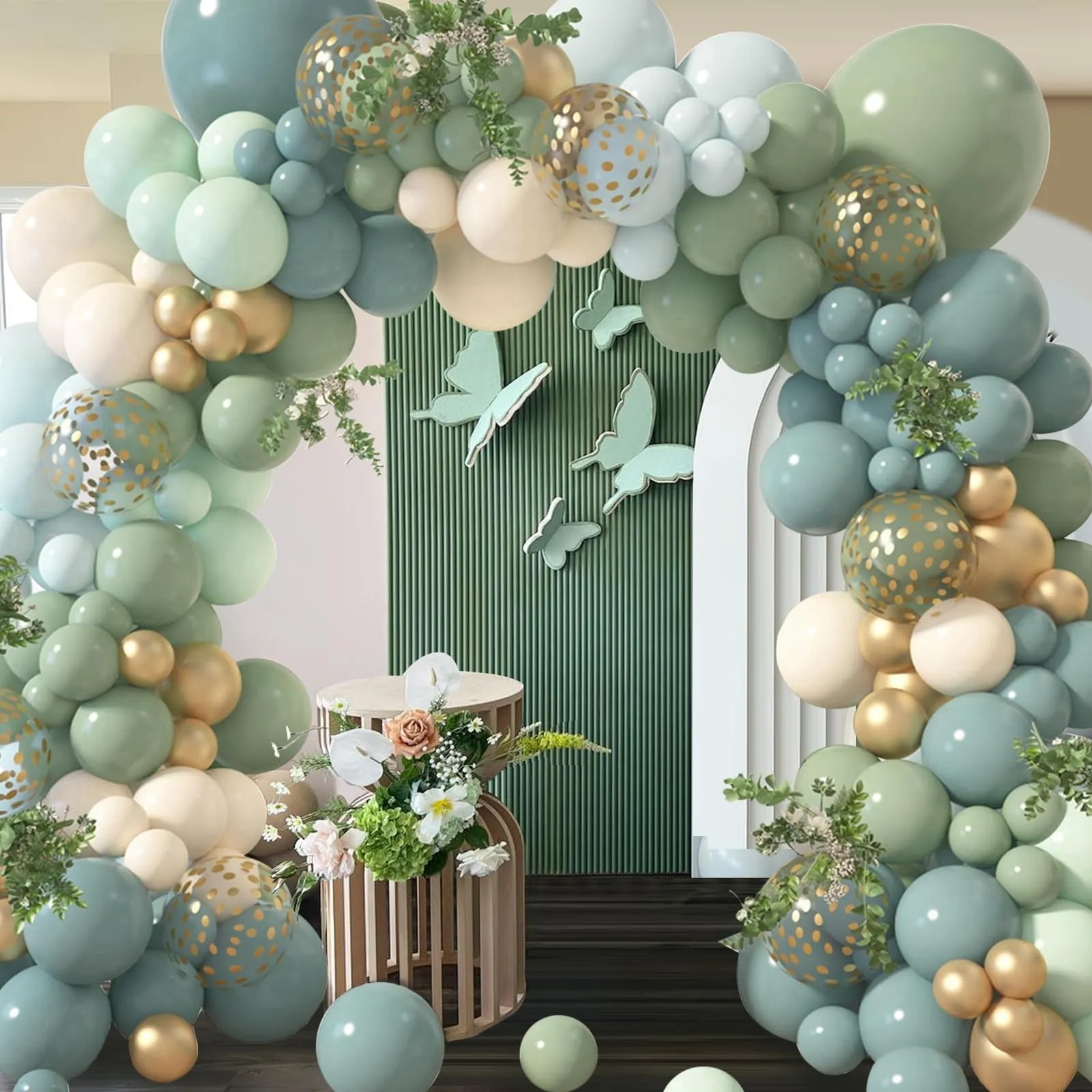 Balloon Garland Kit Arco Palloncini Verde Blu, 104 pezzi, Blu Ardesia, Verde, Sabbia Bianca e Oro Metallico - immagine 8