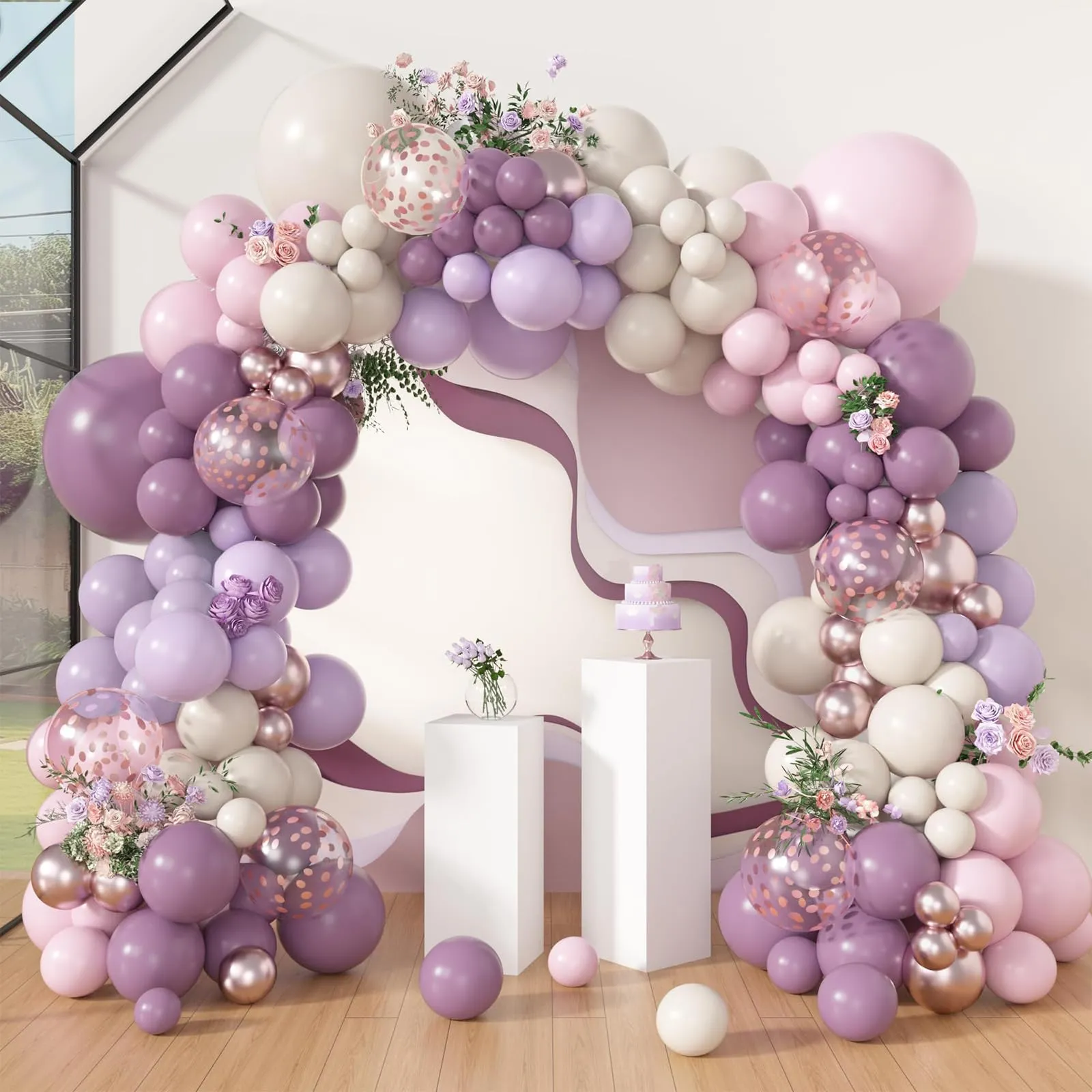 Balloon Garland Kit Arco di Palloncini Viola Rosa, 116 Pezzi - Lilla, Bianco Sabbia, Oro Champagne e Oro Rosa - immagine 1