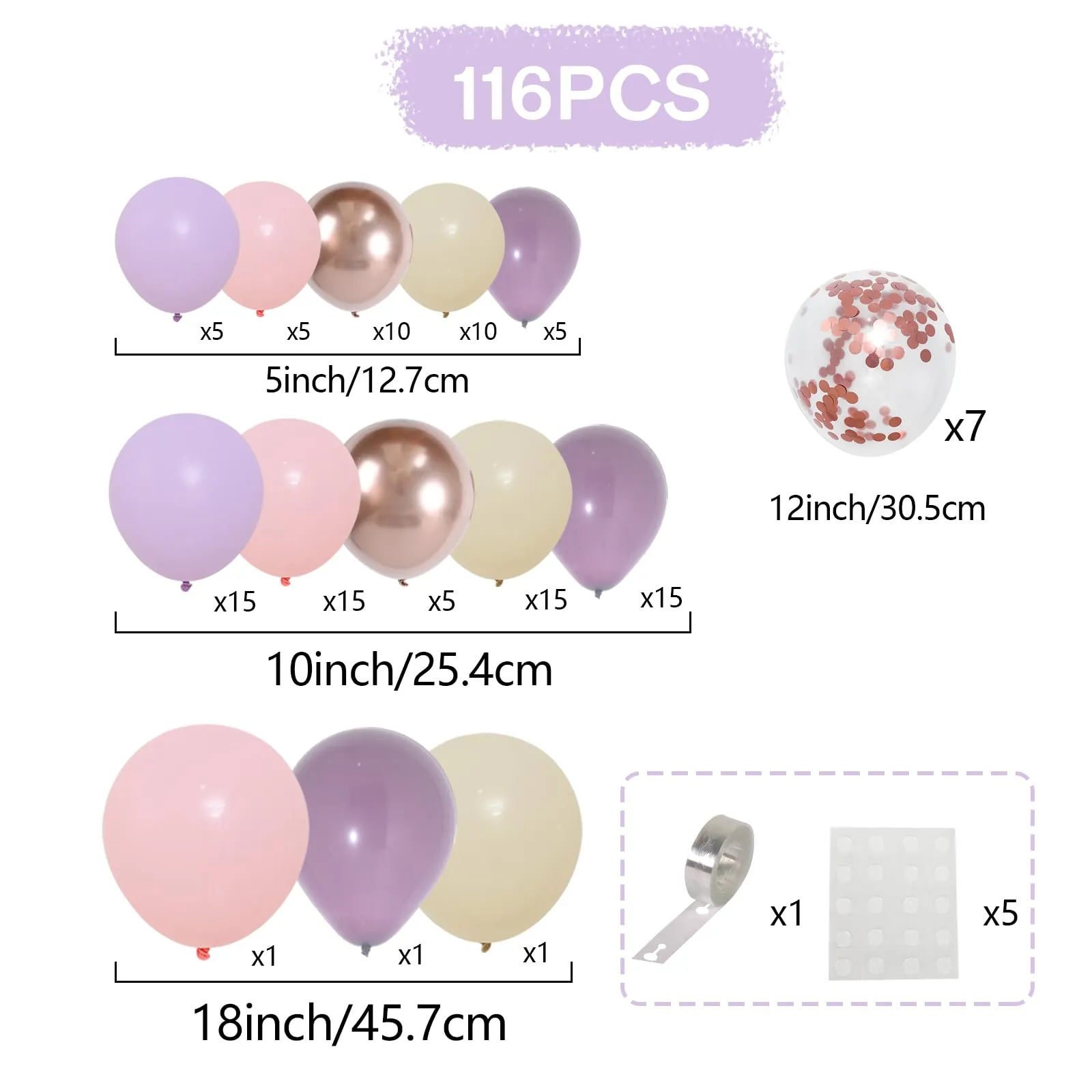 Balloon Garland Kit Arco di Palloncini Viola Rosa, 116 Pezzi - Lilla, Bianco Sabbia, Oro Champagne e Oro Rosa - immagine 2