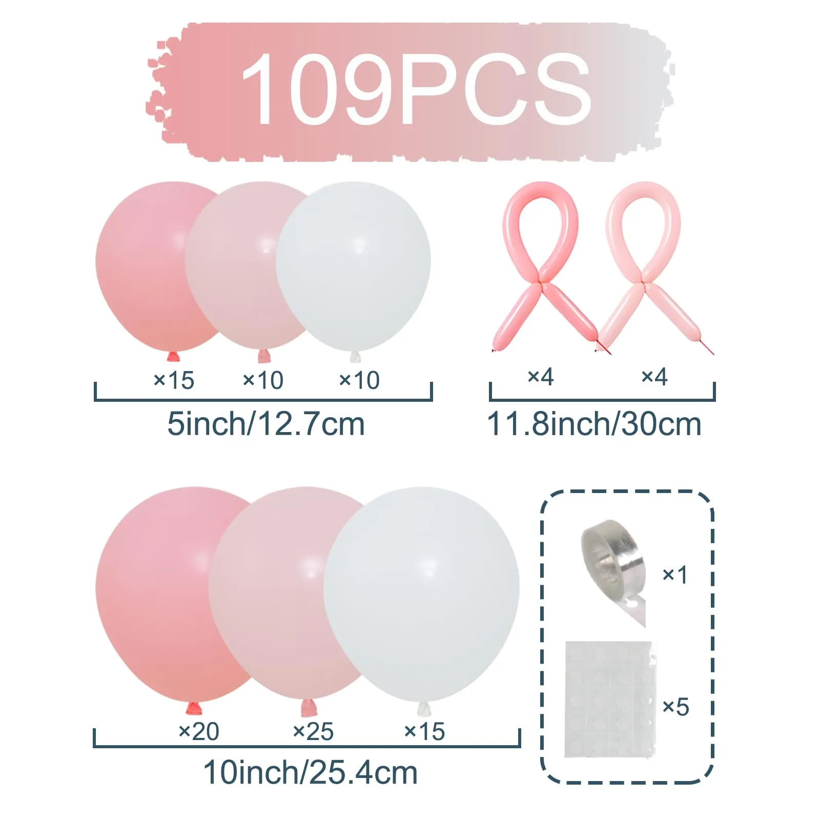 Balloon Garland Kit Arco Palloncini Rosa Bianco, 109 Pezzi Ghirlanda Pastello con Palloncini Lunghi, H4501-105B - immagine 2