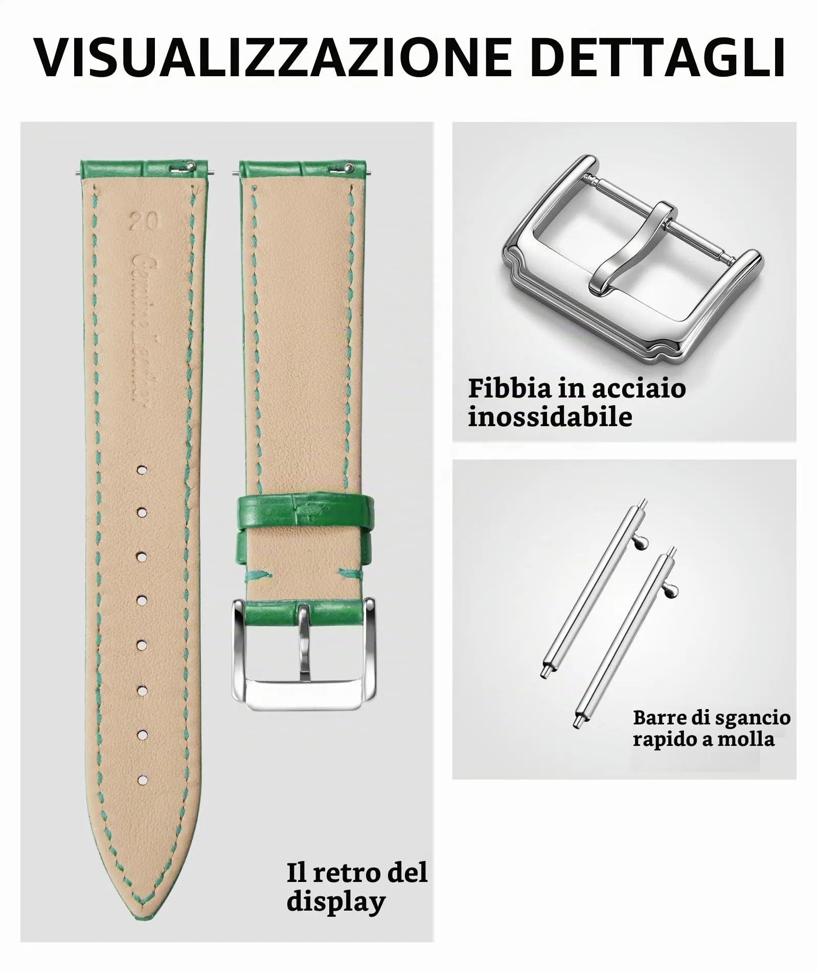 BINLUN Cinturino in Pelle a Sgancio Rapido per Orologio, 20mm, Verde - immagine 2