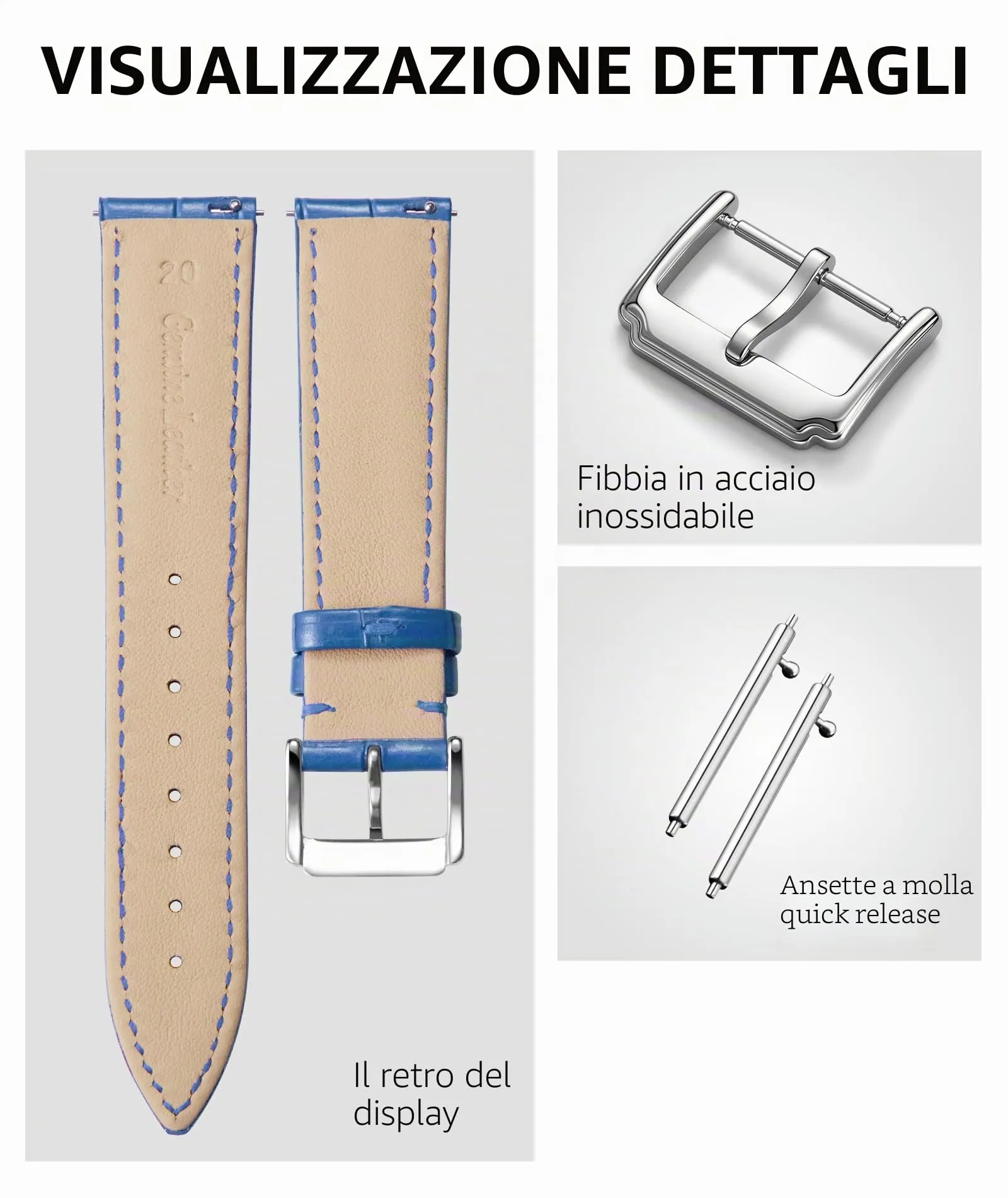 BINLUN Cinturino in Pelle a Sgancio Rapido per Orologio, 14mm, Blu - immagine 2