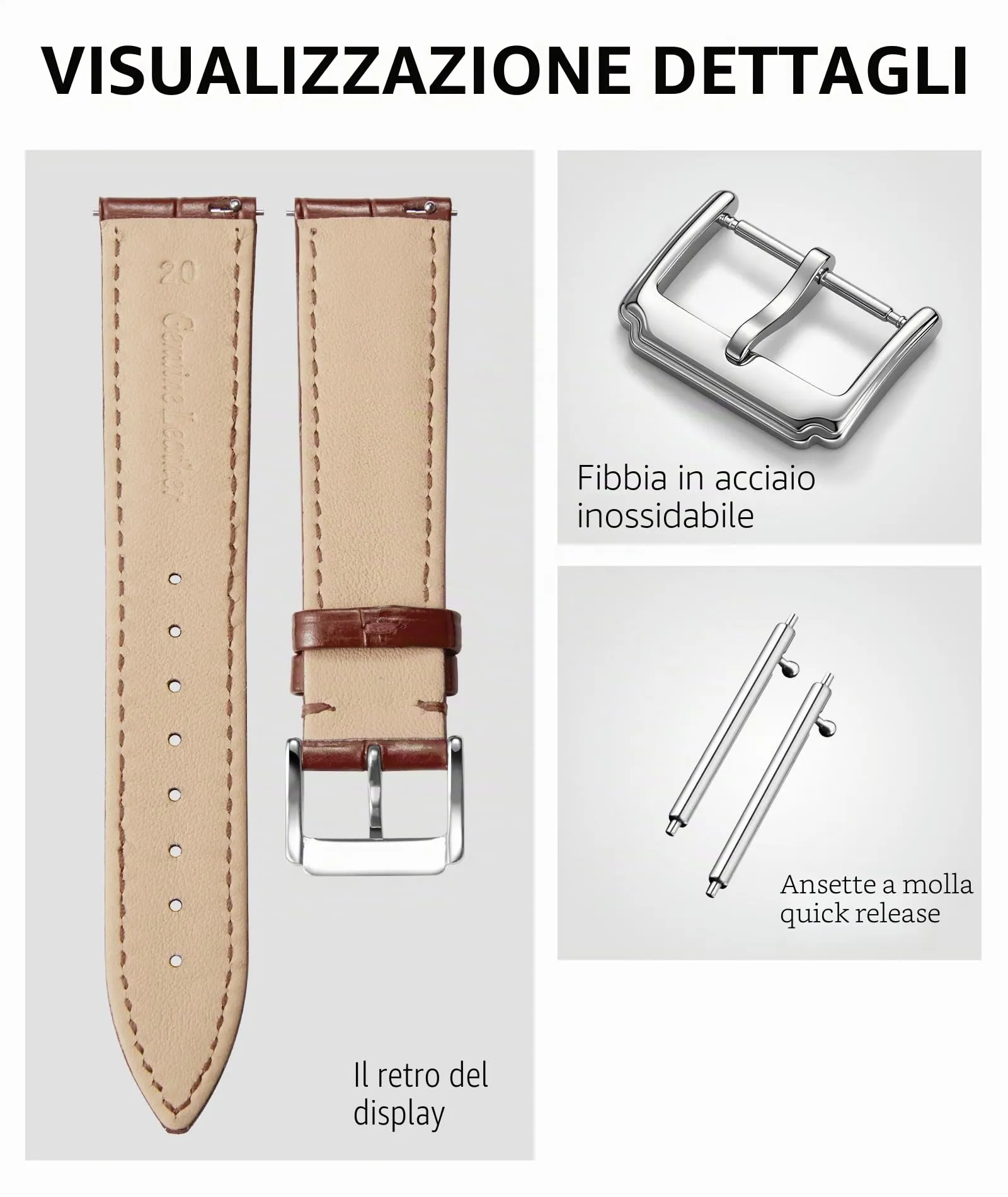 BINLUN Cinturino in Pelle a Sgancio Rapido per Orologio, 22mm, Marrone - immagine 2