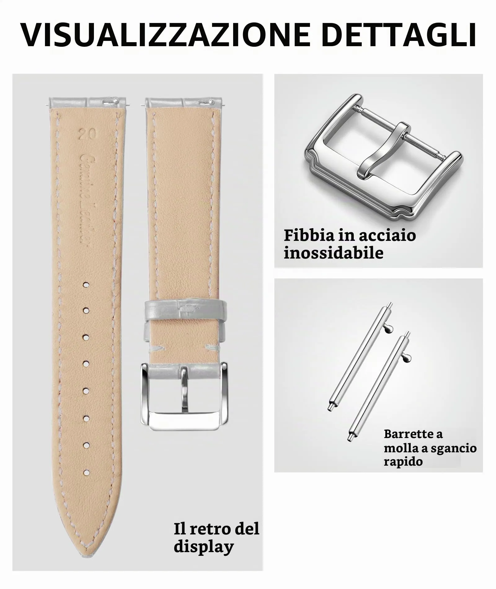 BINLUN Cinturino in Pelle a Sgancio Rapido per Orologio, 22mm, Grigio - immagine 2