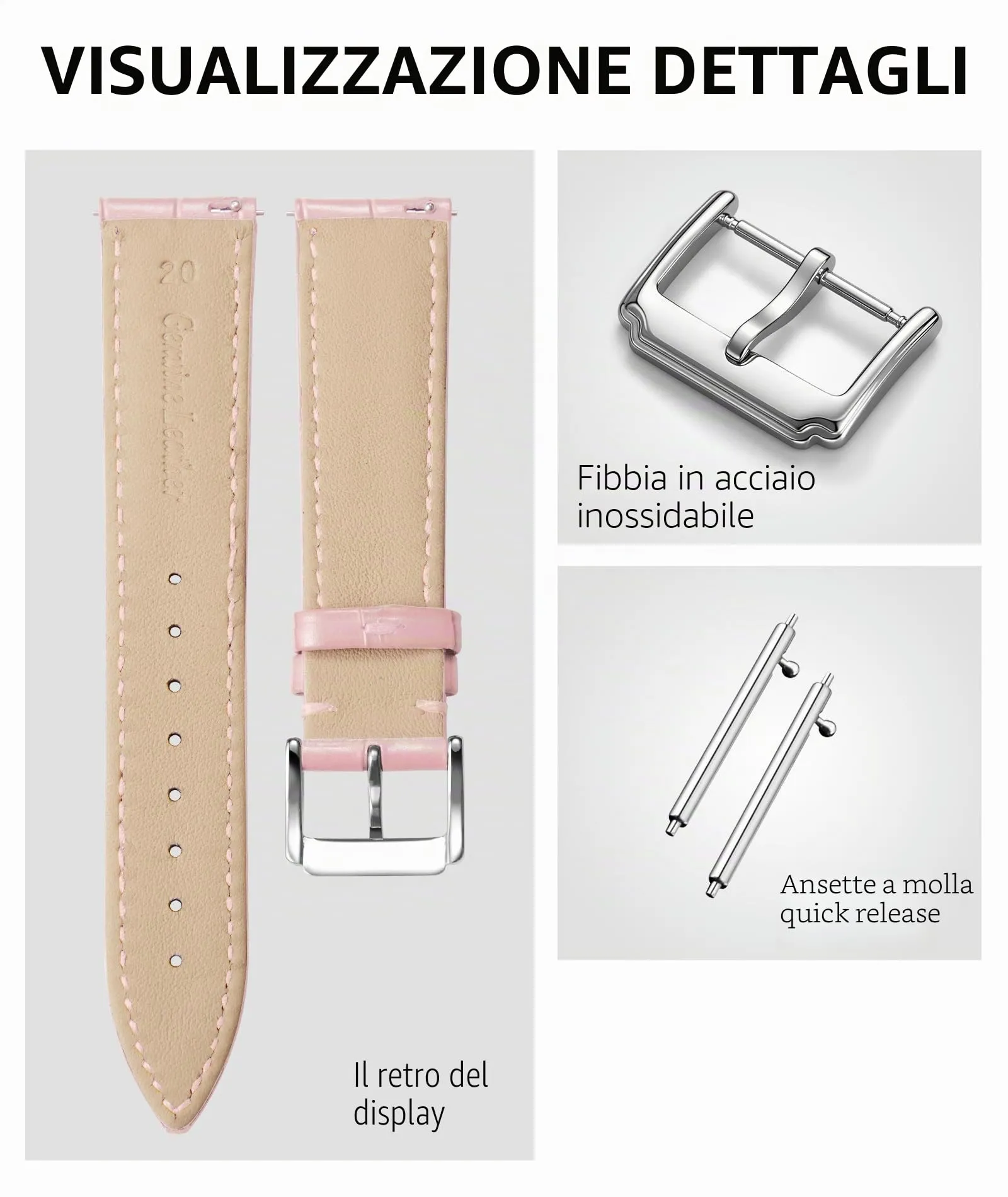 BINLUN Cinturino Orologio in Pelle a Sgancio Rapido, 20mm, Rosa - immagine 2