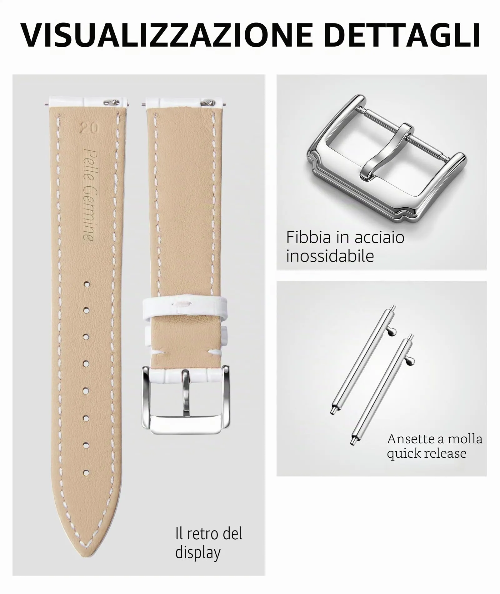 BINLUN Cinturino in Pelle a Sgancio Rapido per Orologio, 22mm, Bianco - immagine 2