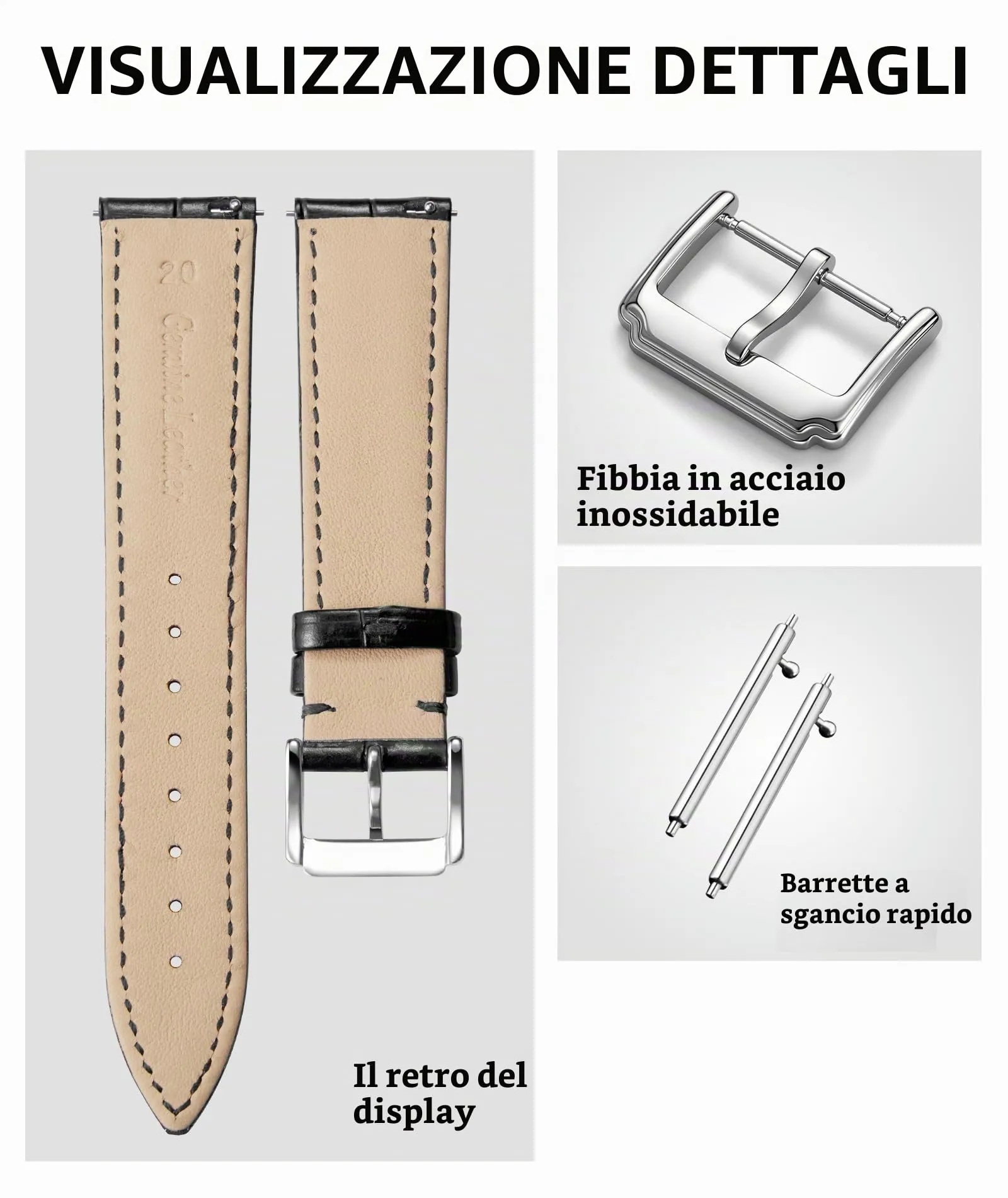 BINLUN Cinturino in Pelle a Sgancio Rapido per Orologio, 18mm, Nero - immagine 2