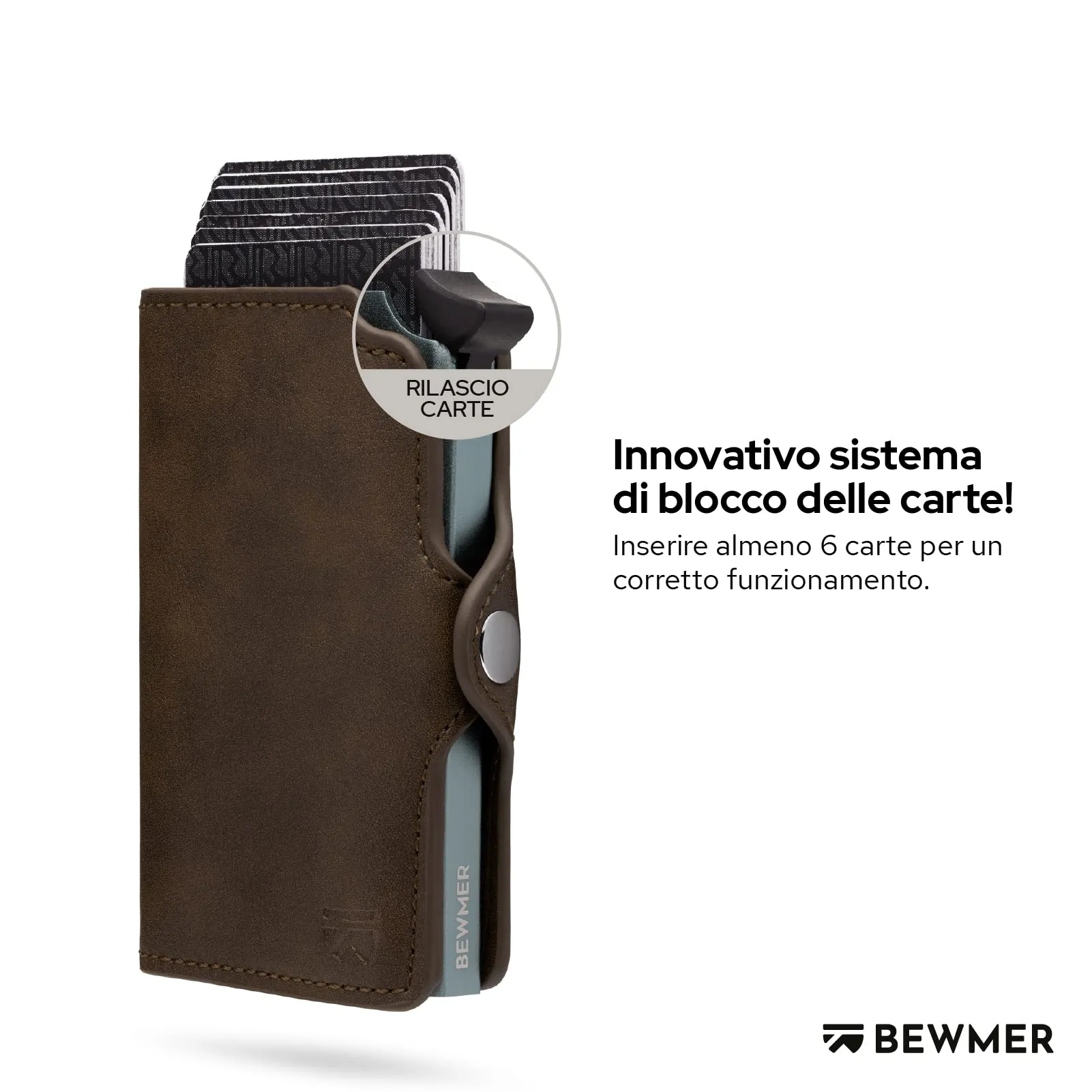 BEWMER Portafoglio Slim con Protezione RFID e Fermasoldi in Carbon Fiber, Marrone Senza Zip - immagine 2