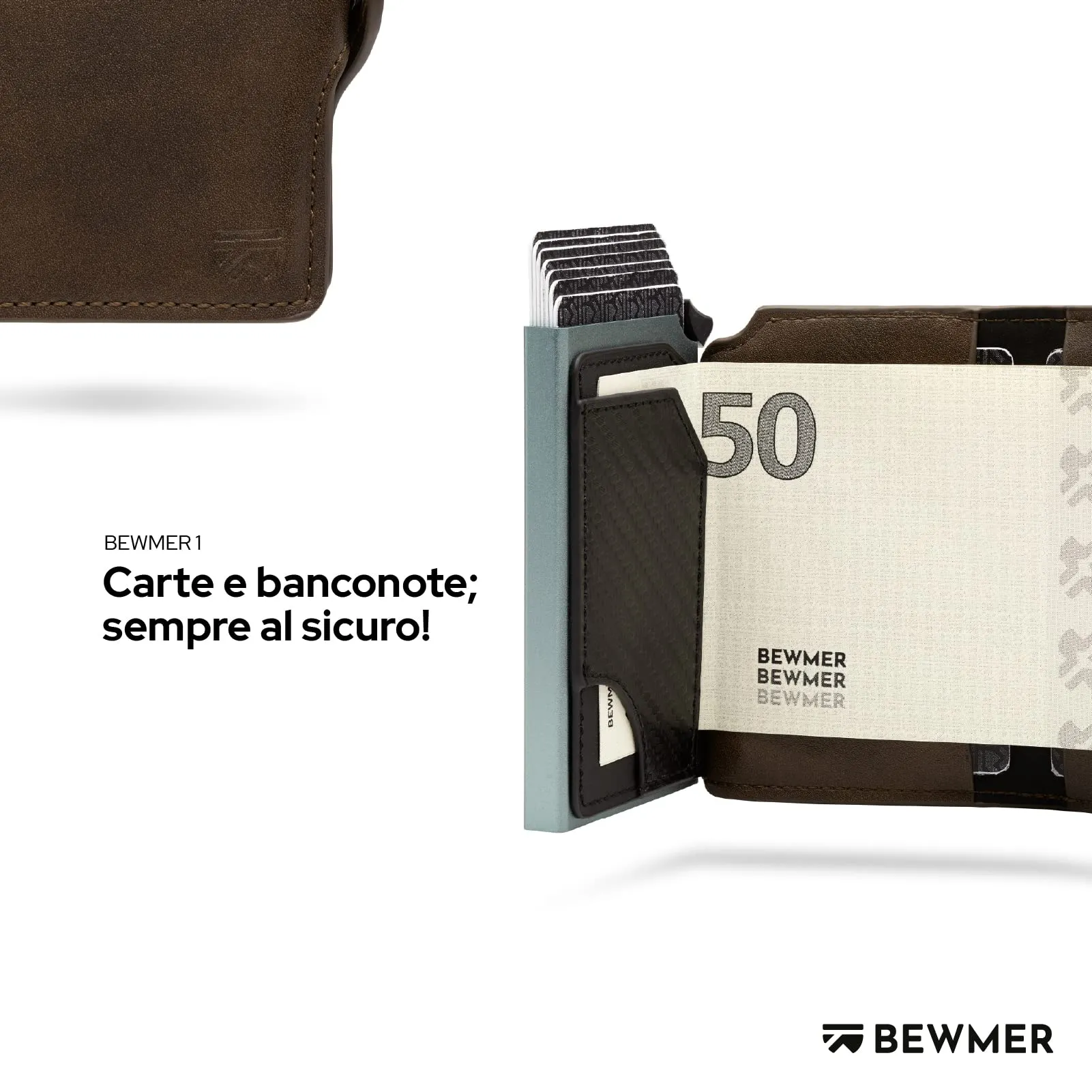 BEWMER Portafoglio Slim con Protezione RFID e Fermasoldi in Carbon Fiber, Marrone Senza Zip - immagine 3