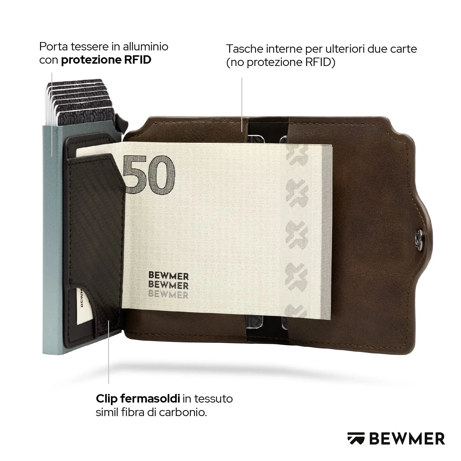 BEWMER Portafoglio Slim con Protezione RFID e Fermasoldi in Carbon Fiber, Marrone Senza Zip - immagine 4