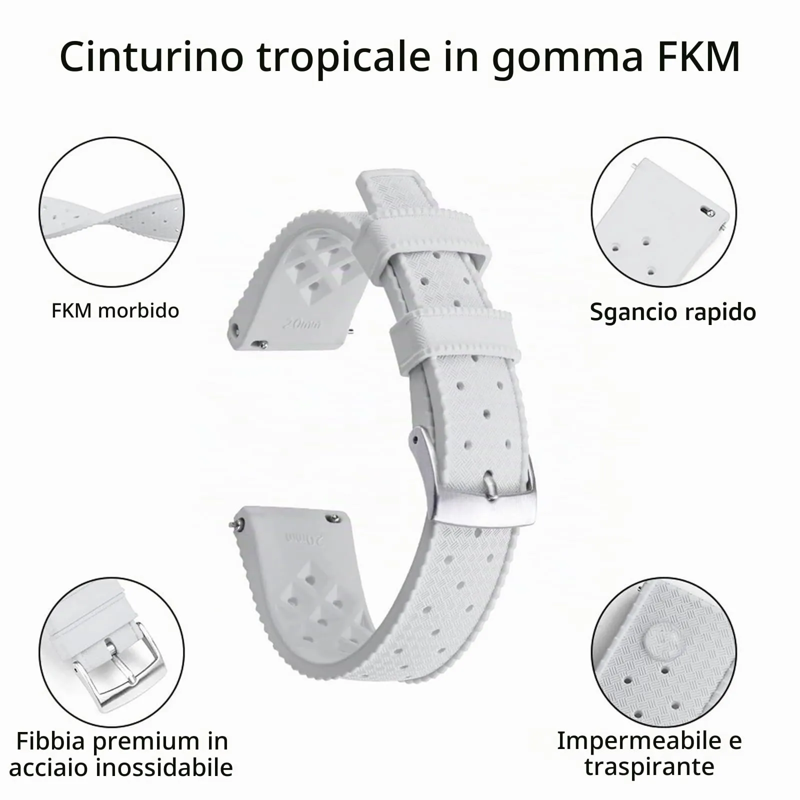 Niziruoup Cinturino Orologio in Gomma FKM Tropicale 22mm Bianco Sgancio Rapido - immagine 7