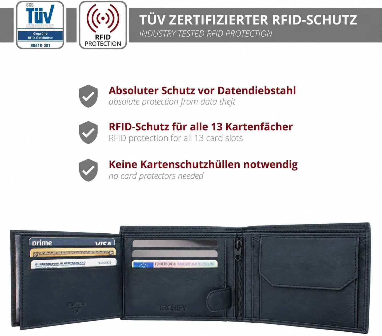 KRONIFY Portafoglio da uomo in vera pelle, protezione RFID, formato orizzontale, Nero - immagine 3