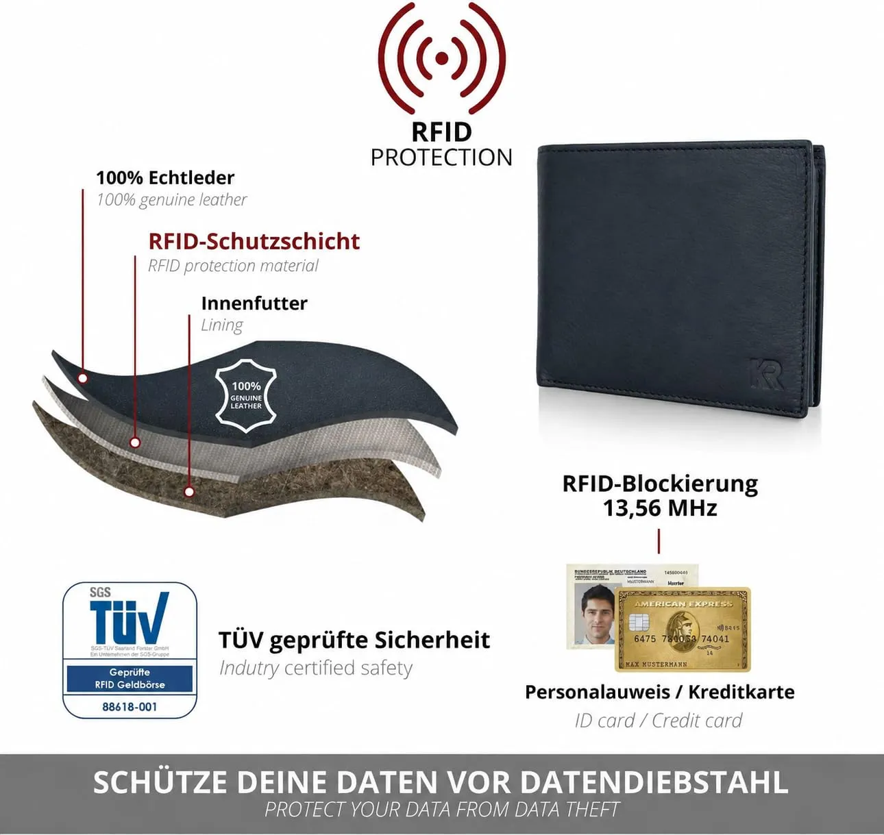 KRONIFY Portafoglio da uomo in vera pelle, protezione RFID, formato orizzontale, Nero - immagine 4