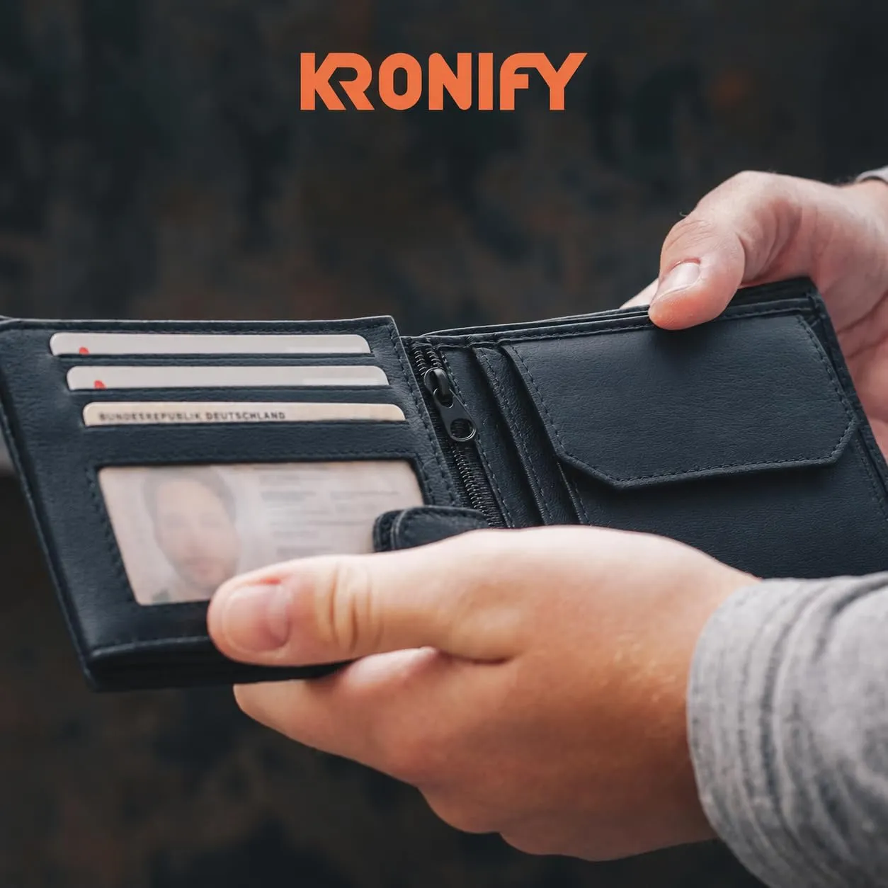 KRONIFY Portafoglio da uomo in vera pelle, protezione RFID, formato orizzontale, Nero - immagine 5