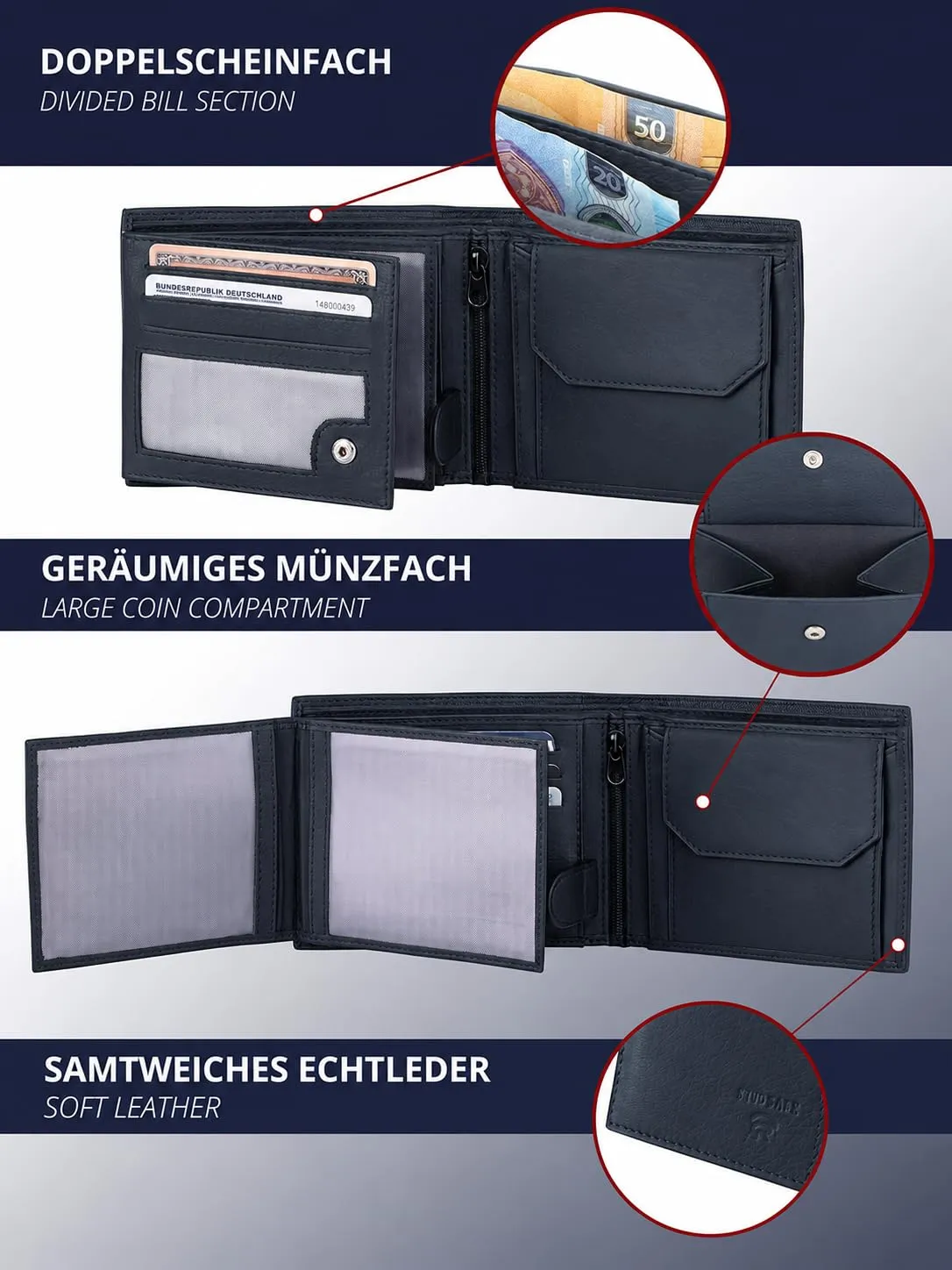KRONIFY Portafoglio da uomo in vera pelle, protezione RFID, formato orizzontale, Nero - immagine 6