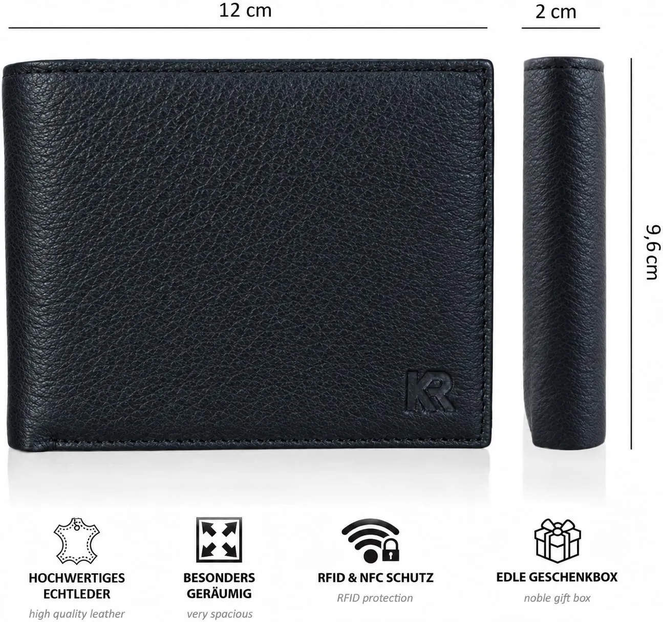 KRONIFY Portafoglio da uomo in vera pelle con protezione RFID, formato orizzontale, 13 scomparti per carte, Onice nero - immagine 2