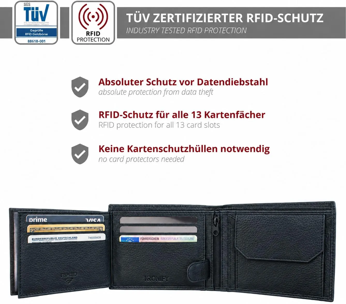 KRONIFY Portafoglio da uomo in vera pelle con protezione RFID, formato orizzontale, 13 scomparti per carte, Onice nero - immagine 3