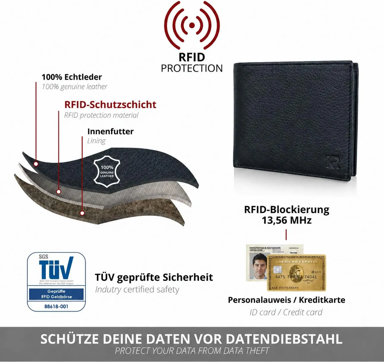 KRONIFY Portafoglio da uomo in vera pelle con protezione RFID, formato orizzontale, 13 scomparti per carte, Onice nero - immagine 4