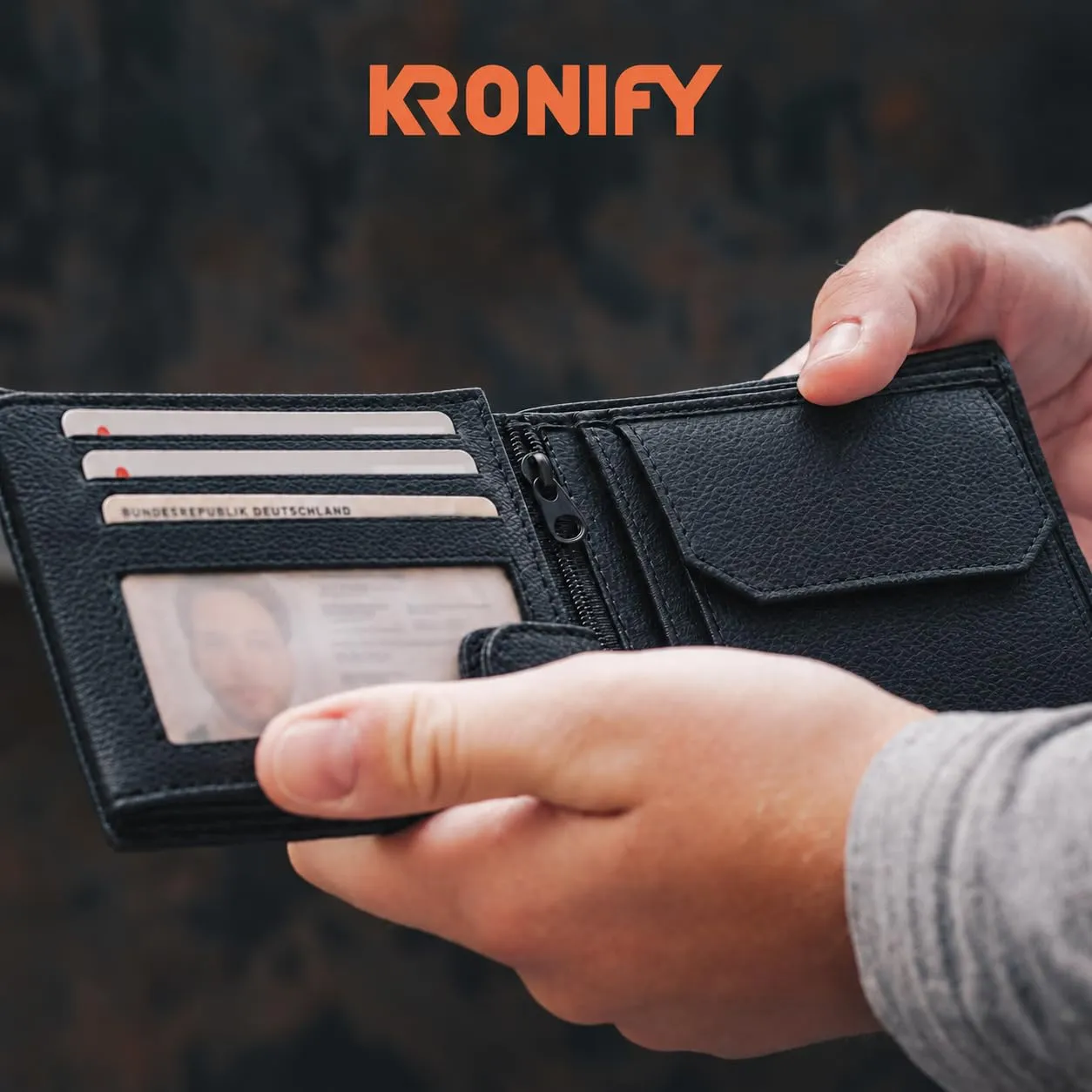 KRONIFY Portafoglio da uomo in vera pelle con protezione RFID, formato orizzontale, 13 scomparti per carte, Onice nero - immagine 5