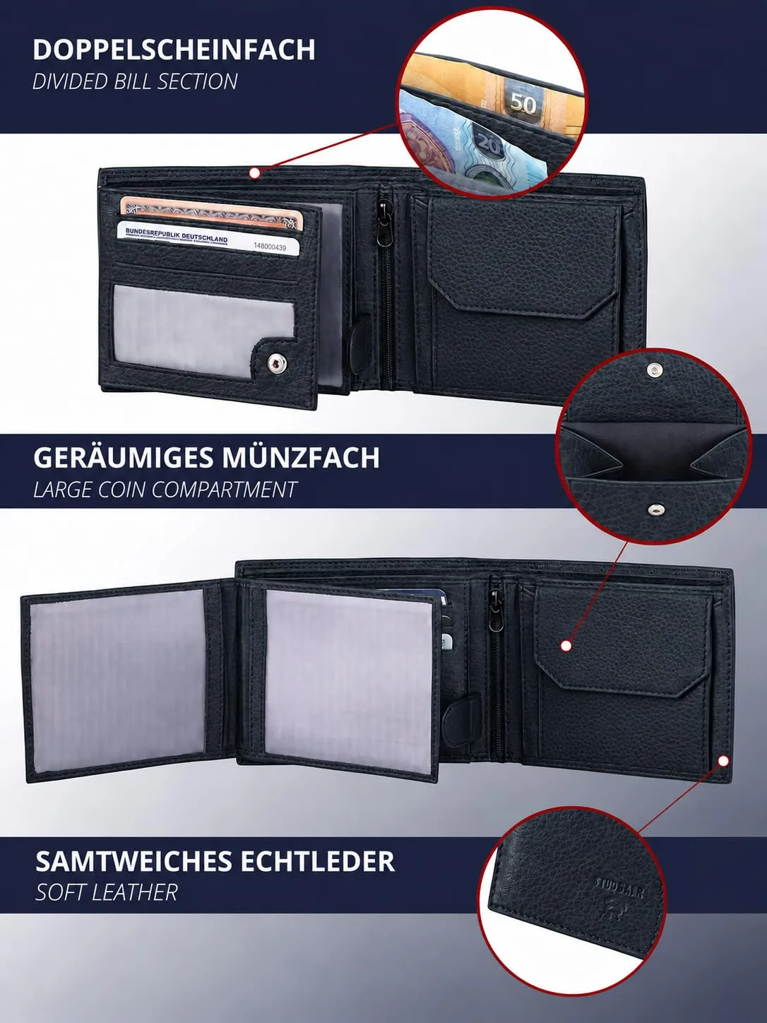 KRONIFY Portafoglio da uomo in vera pelle con protezione RFID, formato orizzontale, 13 scomparti per carte, Onice nero - immagine 6