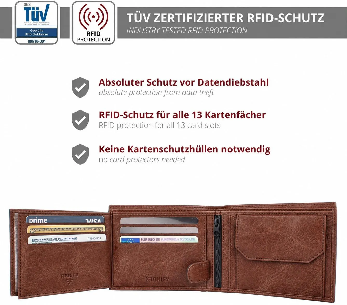 KRONIFY Portafoglio da uomo in vera pelle Crazy Vinkat, Protezione RFID, 13 scomparti per carte, formato orizzontale - immagine 3