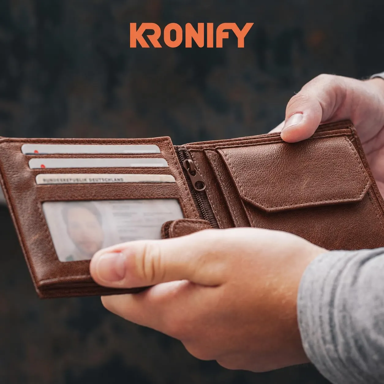 KRONIFY Portafoglio da uomo in vera pelle Crazy Vinkat, Protezione RFID, 13 scomparti per carte, formato orizzontale - immagine 5
