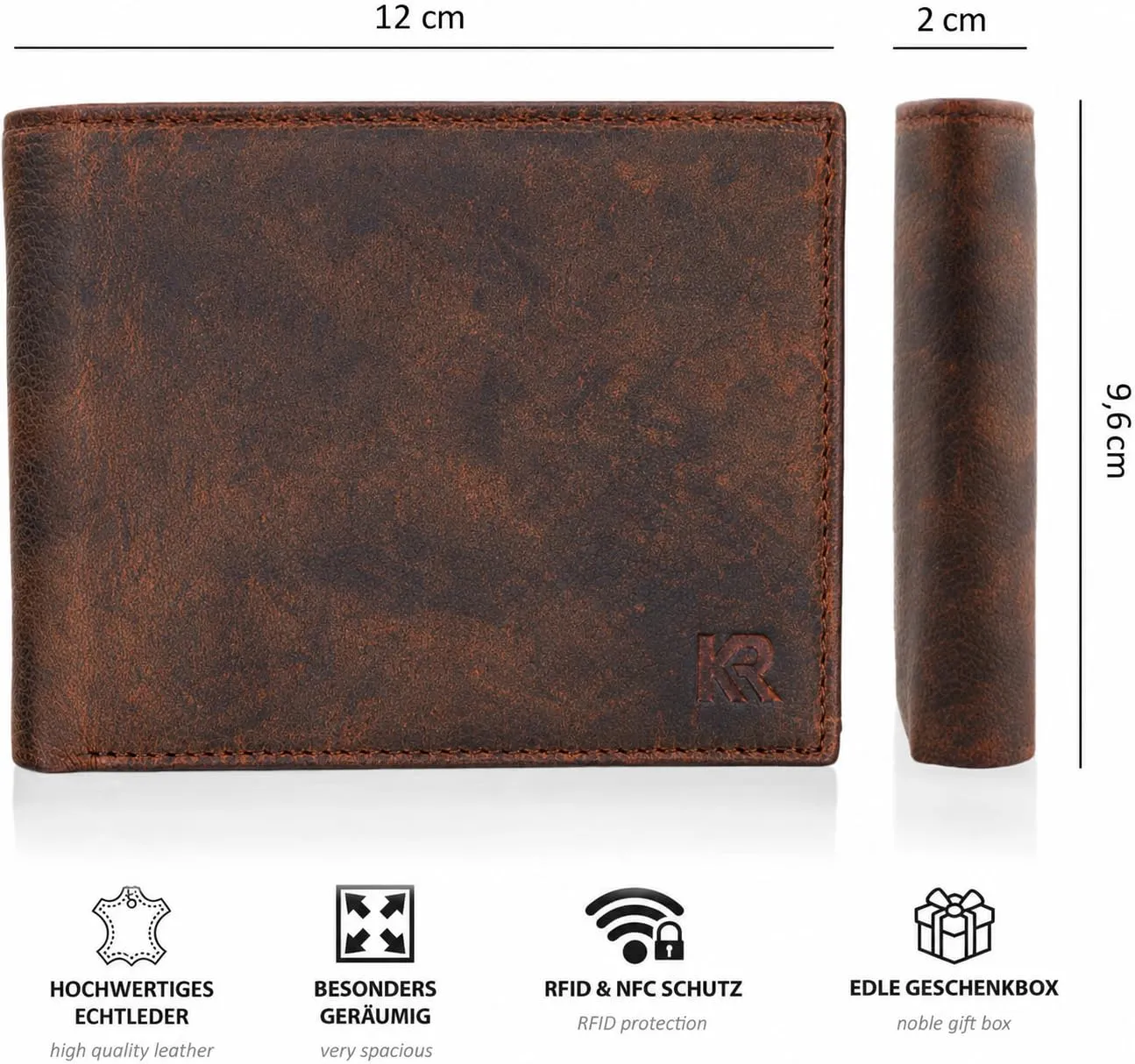 KRONIFY Portafoglio da uomo in vera pelle, protezione RFID, formato orizzontale, Cow Dark Brown Hunter - immagine 2