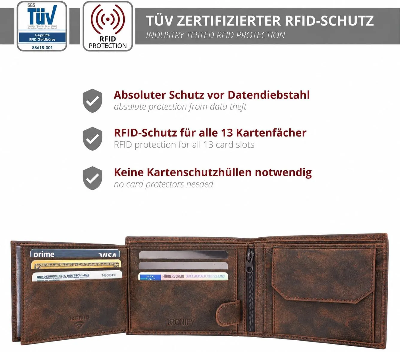 KRONIFY Portafoglio da uomo in vera pelle, protezione RFID, formato orizzontale, Cow Dark Brown Hunter - immagine 3
