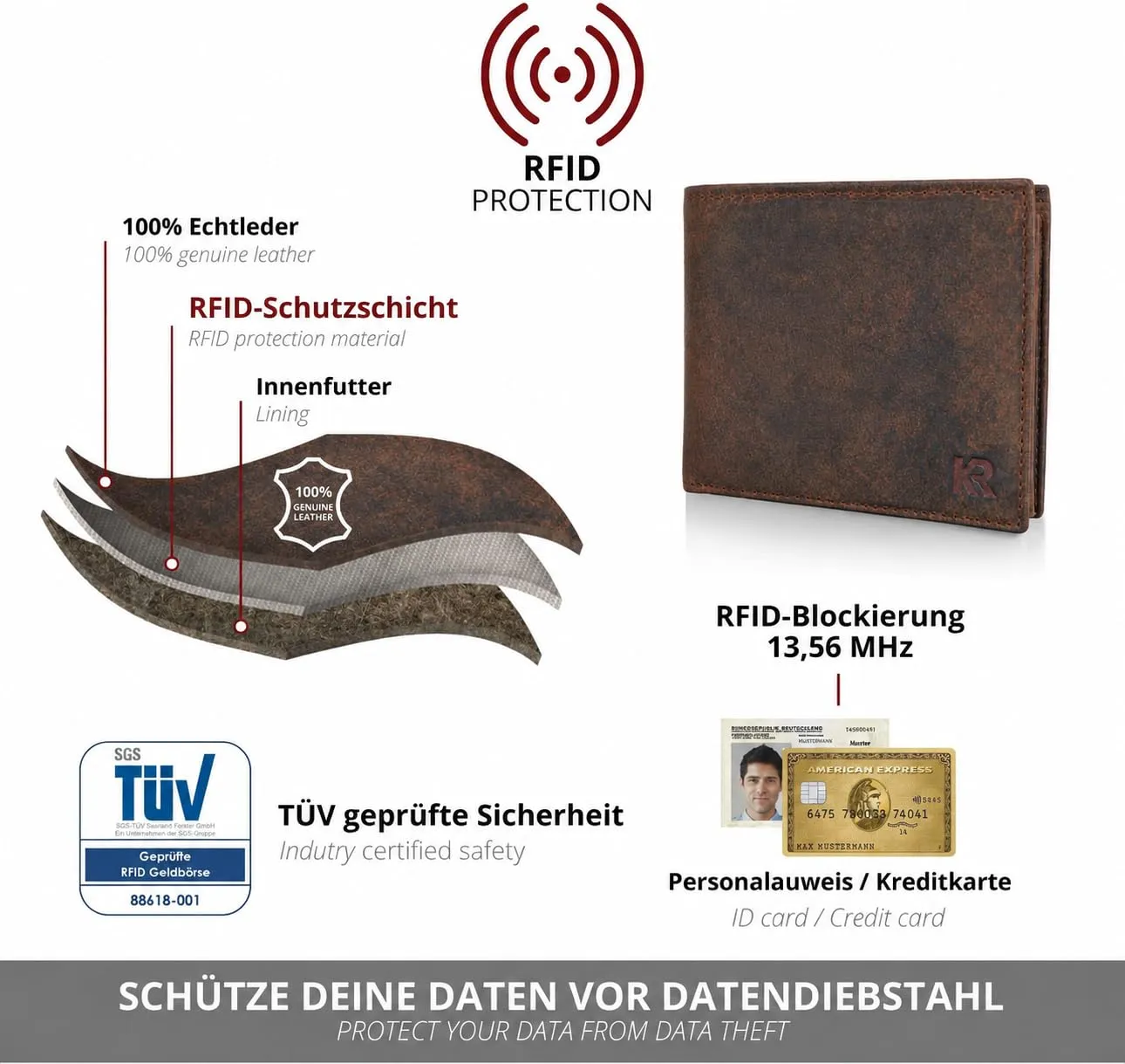 KRONIFY Portafoglio da uomo in vera pelle, protezione RFID, formato orizzontale, Cow Dark Brown Hunter - immagine 4