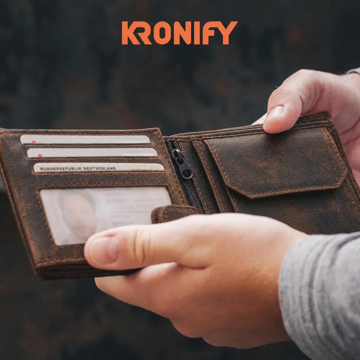 KRONIFY Portafoglio da uomo in vera pelle, protezione RFID, formato orizzontale, Cow Dark Brown Hunter - immagine 5
