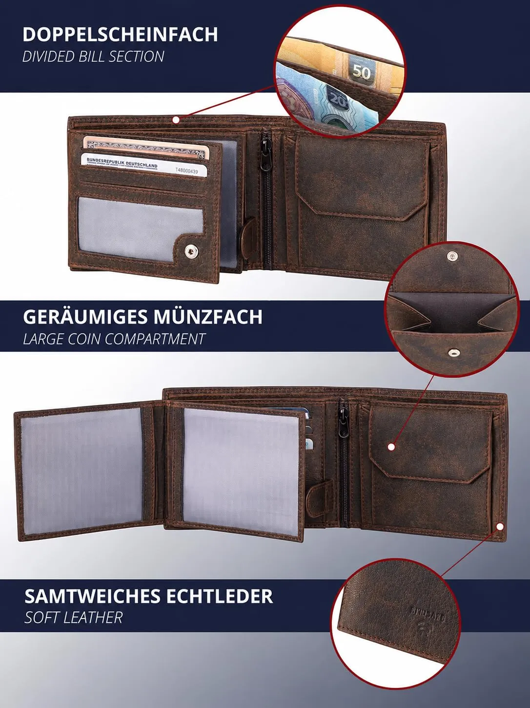 KRONIFY Portafoglio da uomo in vera pelle, protezione RFID, formato orizzontale, Cow Dark Brown Hunter - immagine 6