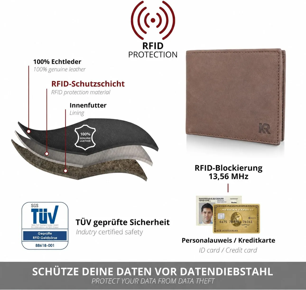 KRONIFY Portafoglio da uomo in vera pelle, Protezione RFID, Formato Orizzontale, Noce Moscata - immagine 4