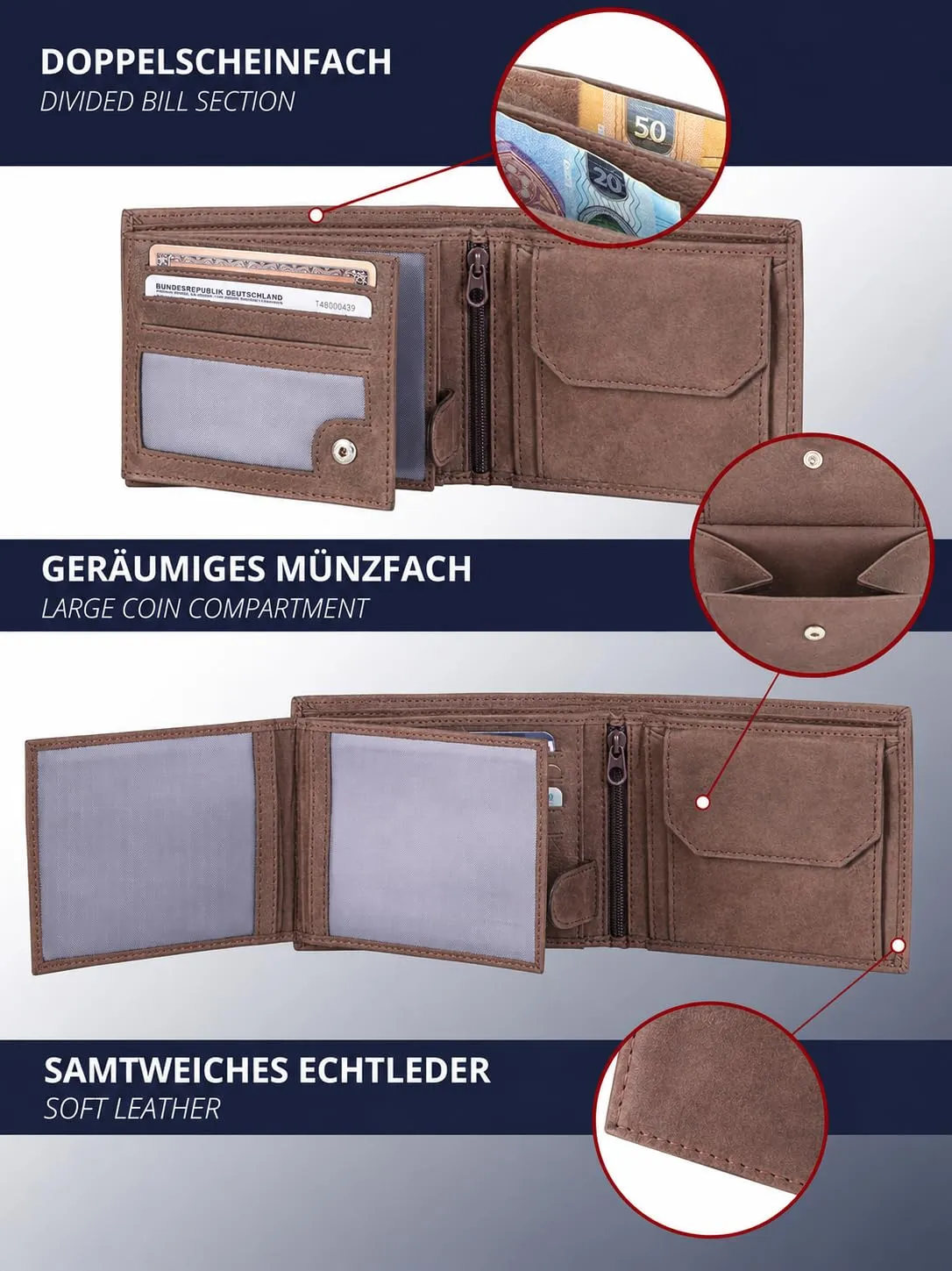 KRONIFY Portafoglio da uomo in vera pelle, Protezione RFID, Formato Orizzontale, Noce Moscata - immagine 5