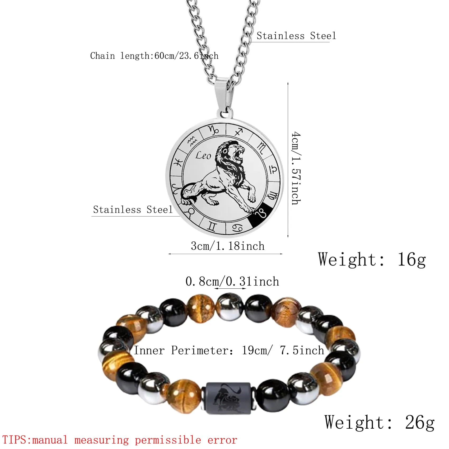 Caimeytie Set Collana e Bracciale con Segno Zodiacale e Costellazione in Acciaio Inox per Uomo - immagine 3