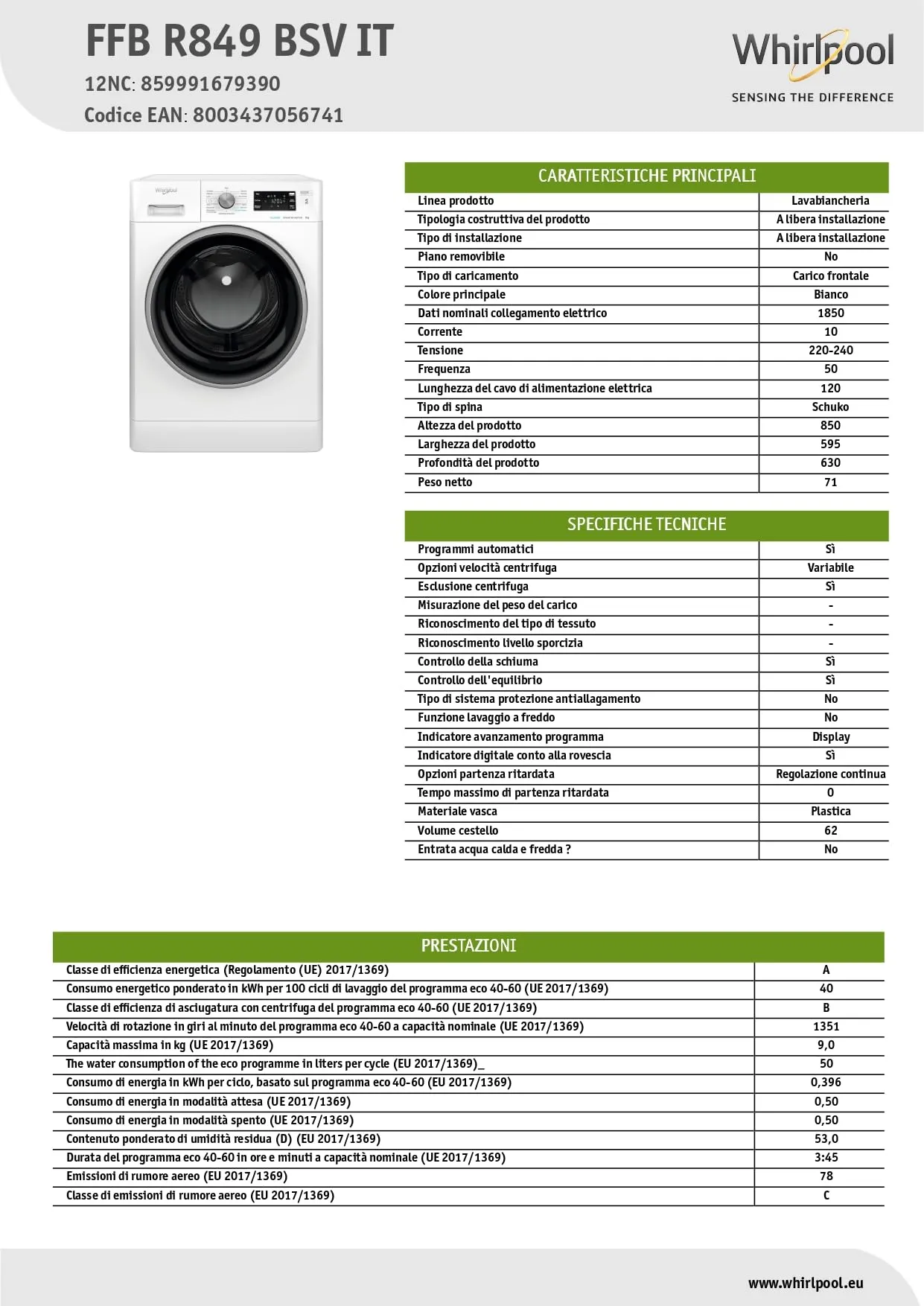 Whirlpool FFB R849 BSV IT Lavatrice 9 kg Bianco - immagine 8