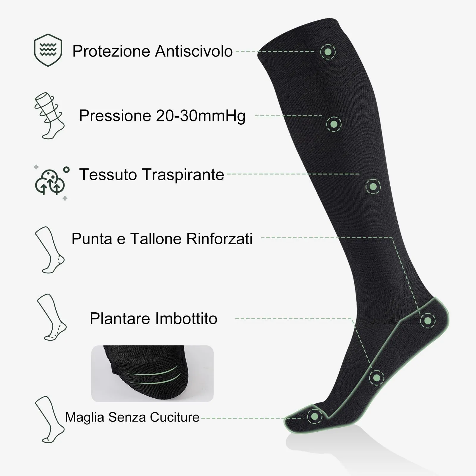 Effeet Calze Compressione Graduata Donna Uomo, 2 Paia, 20-30 mmHg, Sport, Nero, 39-42 - immagine 3
